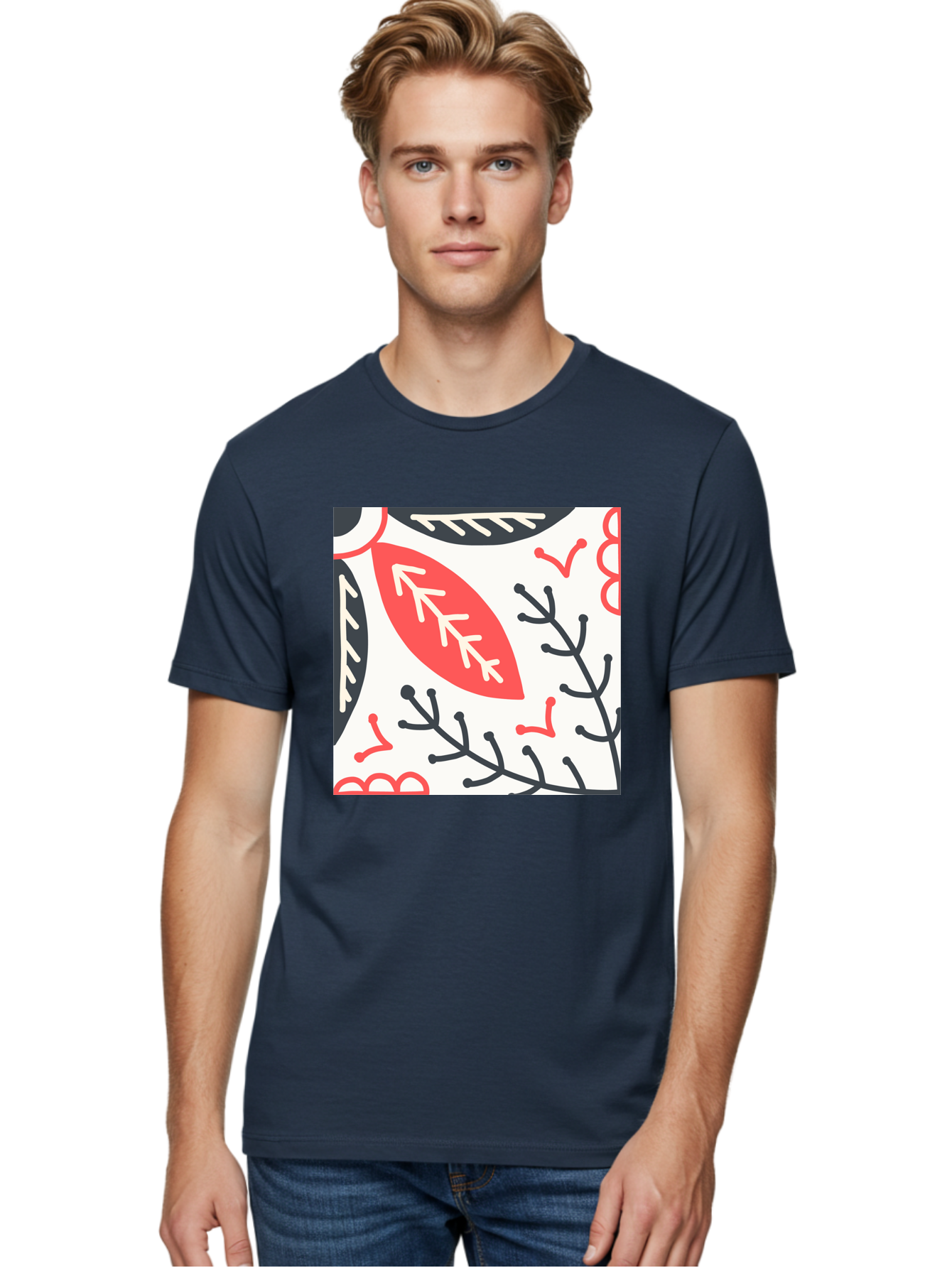 Foliage-Pattern Men'S Graphic Tee, 100% Cotton, Comfortable Casual Summer Wear, Machine Washable, Leaf Pattern, Floral Design, Botanical Art, Red And Black Leaves, Minimalist Style, Abstract Foliage, Decorative Elements, Modern Illustration Aab744