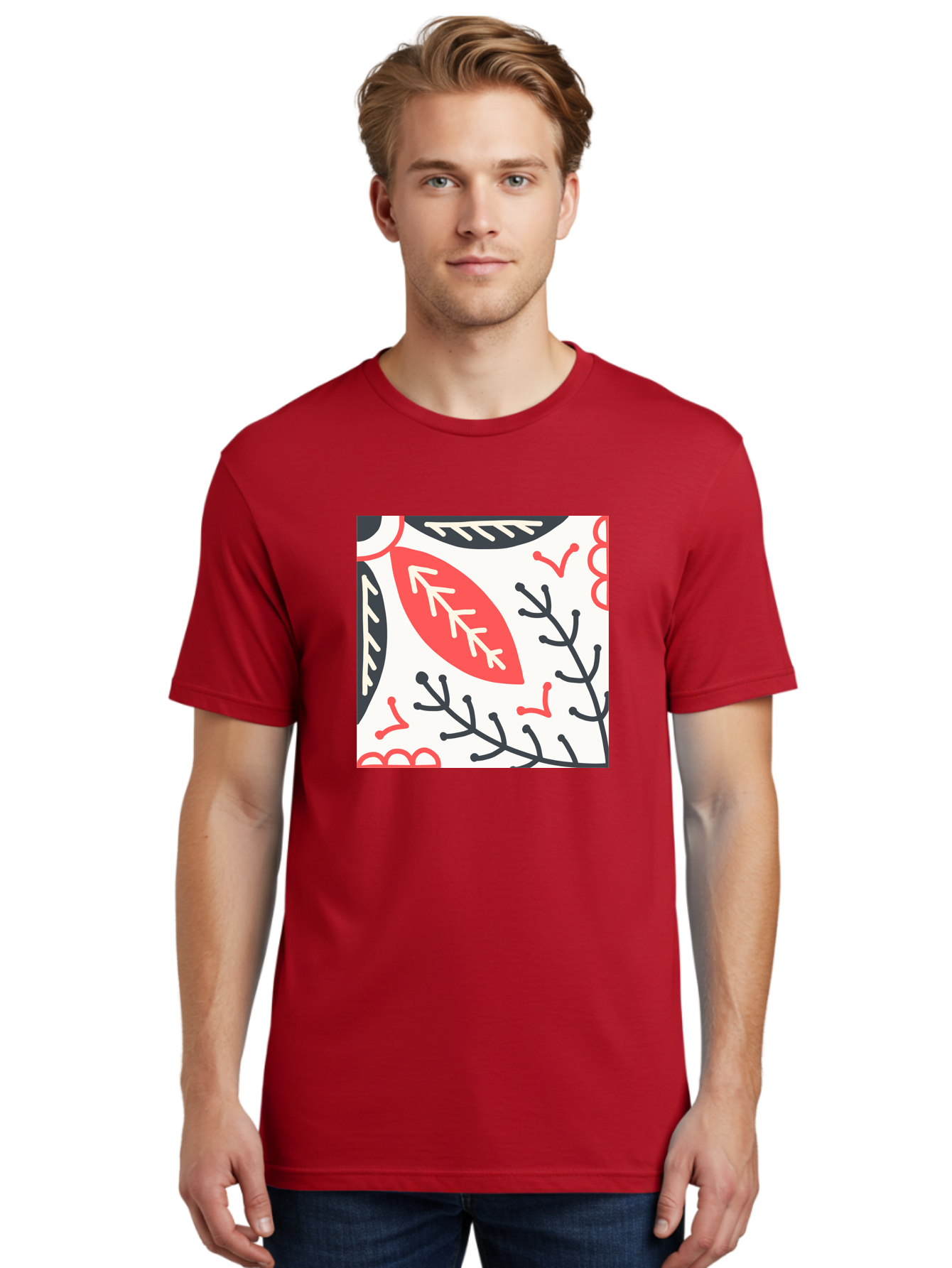 Foliage-Pattern Men'S Graphic Tee, 100% Cotton, Comfortable Casual Summer Wear, Machine Washable, Leaf Pattern, Floral Design, Botanical Art, Red And Black Leaves, Minimalist Style, Abstract Foliage, Decorative Elements, Modern Illustration Aab744
