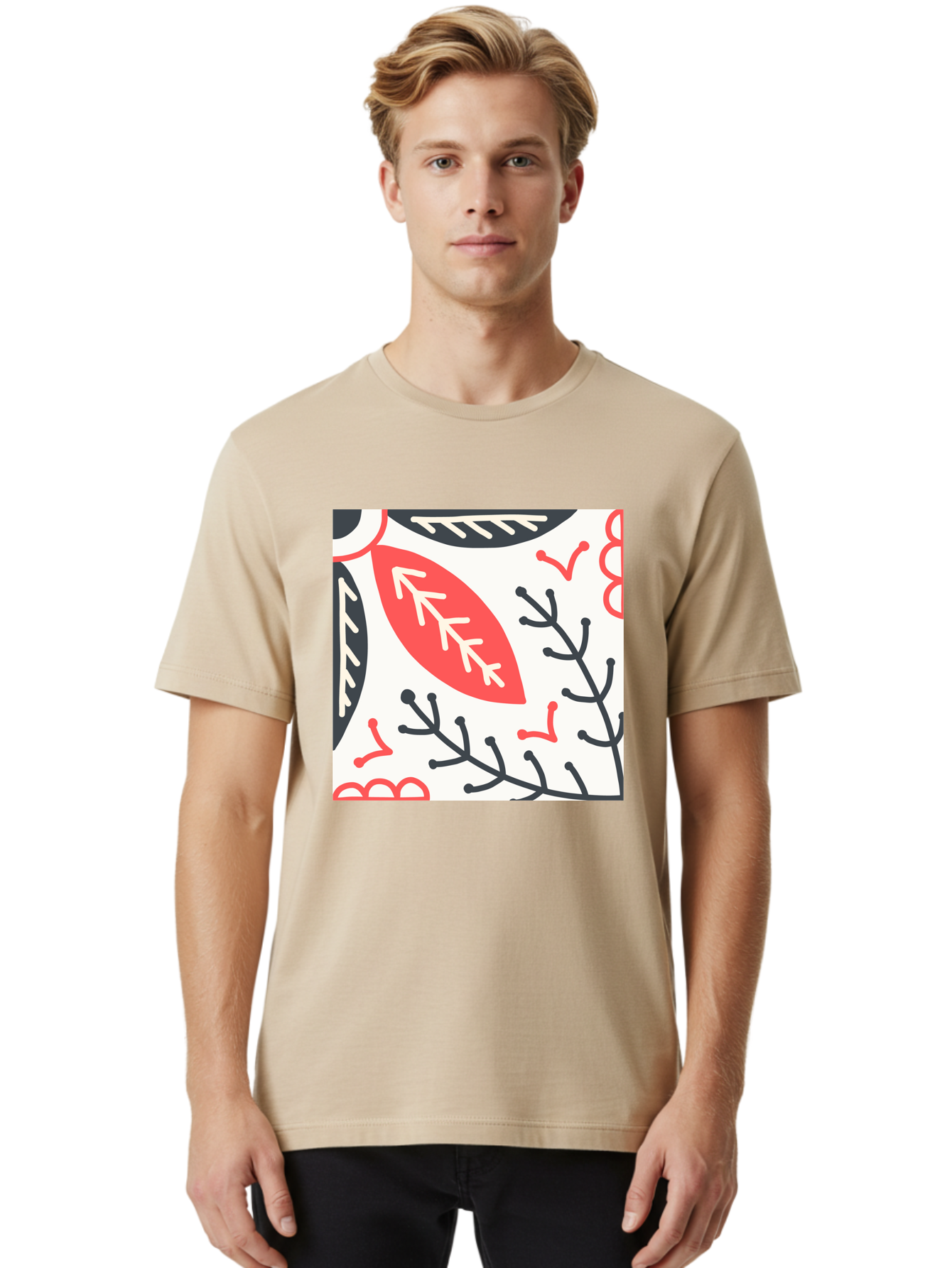 Foliage-Pattern Men'S Graphic Tee, 100% Cotton, Comfortable Casual Summer Wear, Machine Washable, Leaf Pattern, Floral Design, Botanical Art, Red And Black Leaves, Minimalist Style, Abstract Foliage, Decorative Elements, Modern Illustration Aab744
