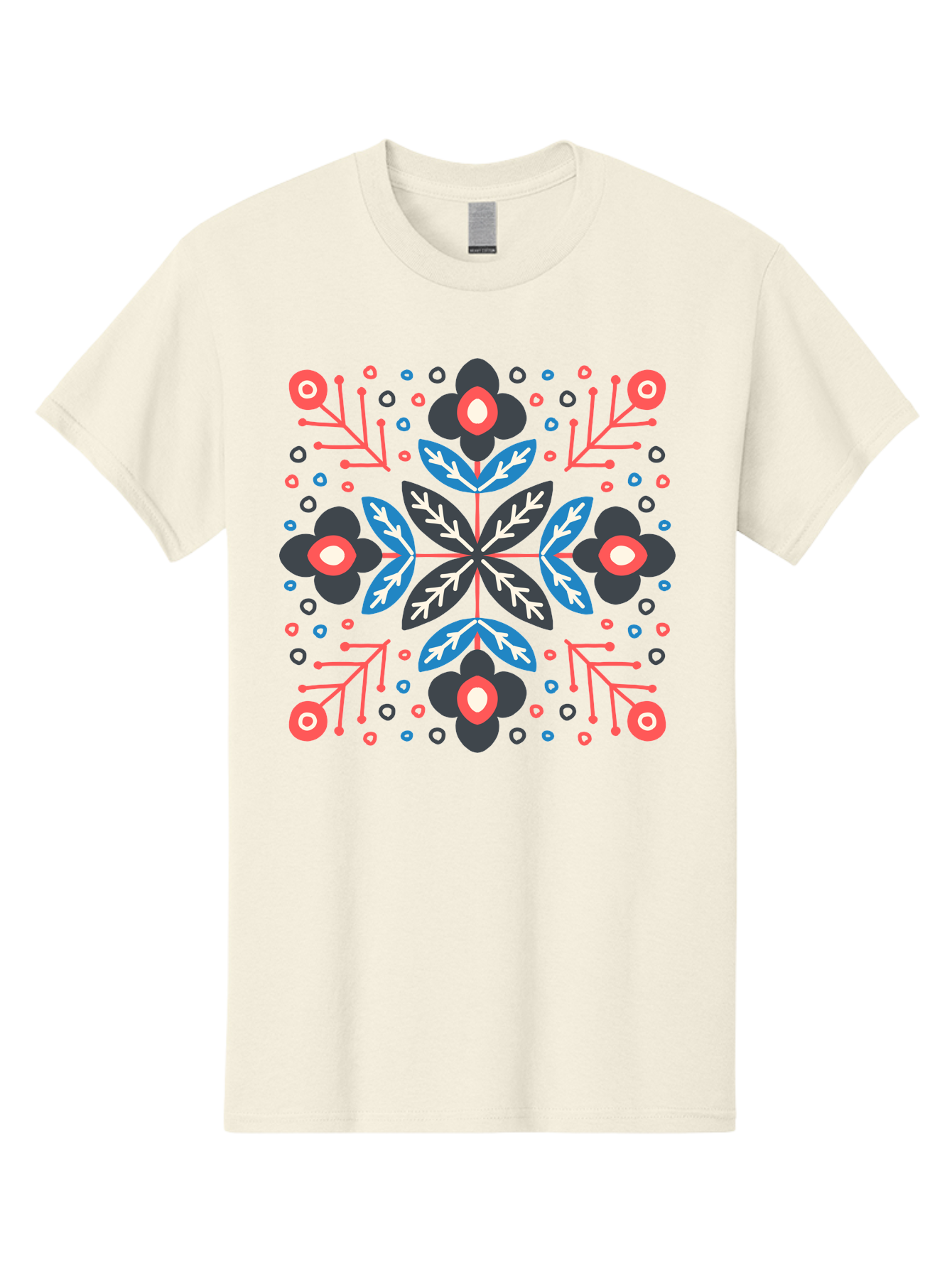 Folk-Floral-Pattern Men'S Graphic Tee, 100% Cotton, Comfortable Casual Summer Wear, Machine Washable, Floral Pattern, Geometric Shapes, Symmetrical Design, Bold Colors, Abstract Flowers, Decorative Art, Vibrant Hues, Modern Motif, Aab745