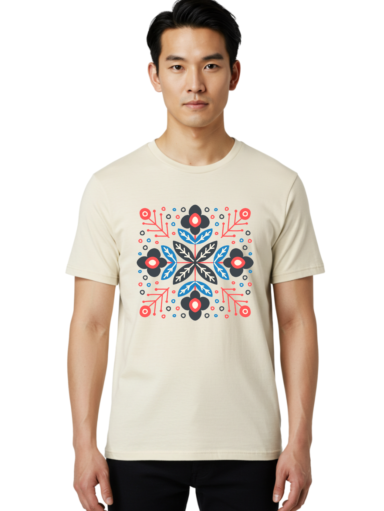 Folk-Floral-Pattern Men'S Graphic Tee, 100% Cotton, Comfortable Casual Summer Wear, Machine Washable, Floral Pattern, Geometric Shapes, Symmetrical Design, Bold Colors, Abstract Flowers, Decorative Art, Vibrant Hues, Modern Motif, Aab745