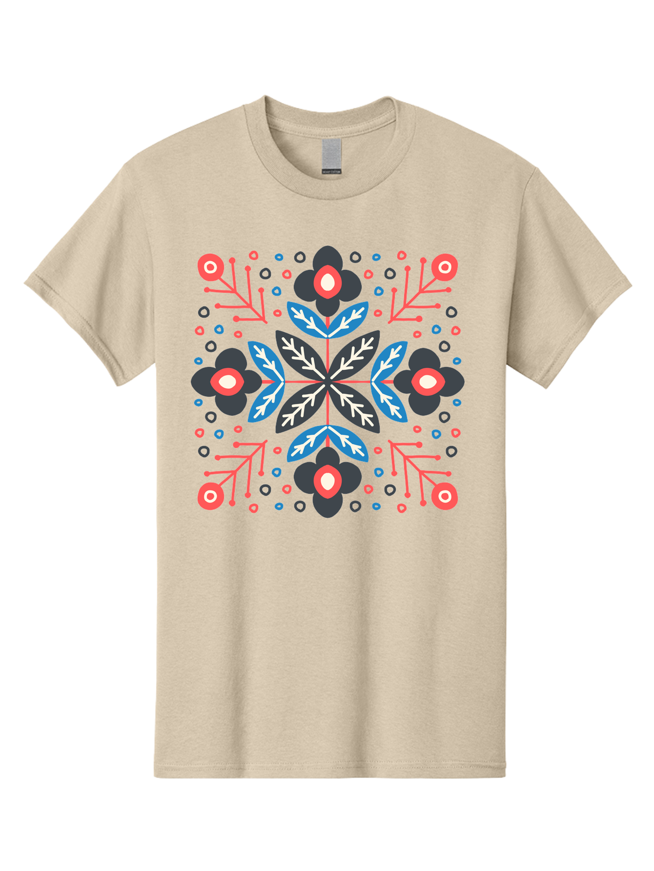 Folk-Floral-Pattern Men'S Graphic Tee, 100% Cotton, Comfortable Casual Summer Wear, Machine Washable, Floral Pattern, Geometric Shapes, Symmetrical Design, Bold Colors, Abstract Flowers, Decorative Art, Vibrant Hues, Modern Motif, Aab745