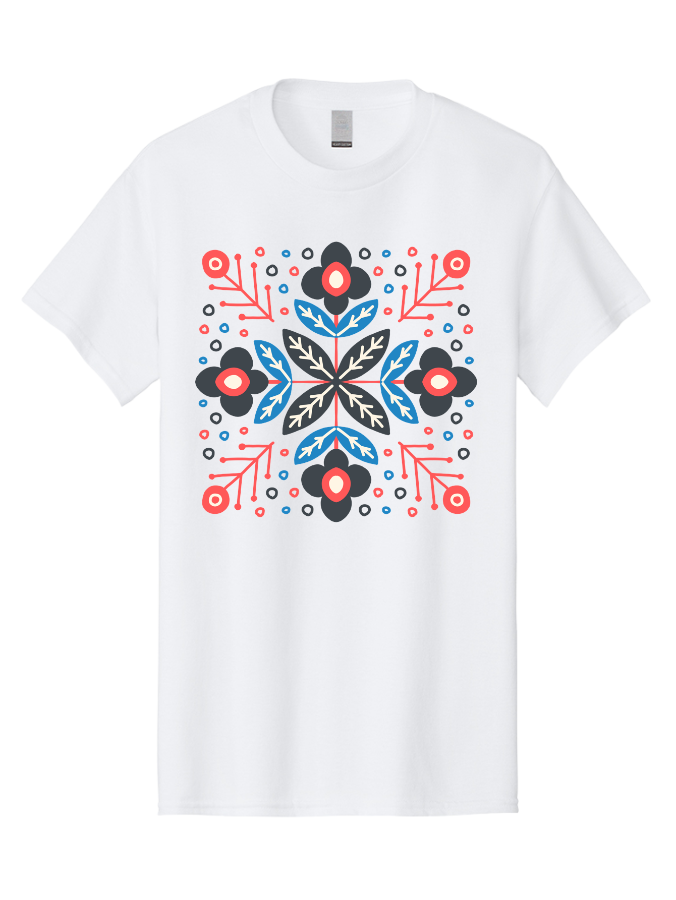 Folk-Floral-Pattern Men'S Graphic Tee, 100% Cotton, Comfortable Casual Summer Wear, Machine Washable, Floral Pattern, Geometric Shapes, Symmetrical Design, Bold Colors, Abstract Flowers, Decorative Art, Vibrant Hues, Modern Motif, Aab745