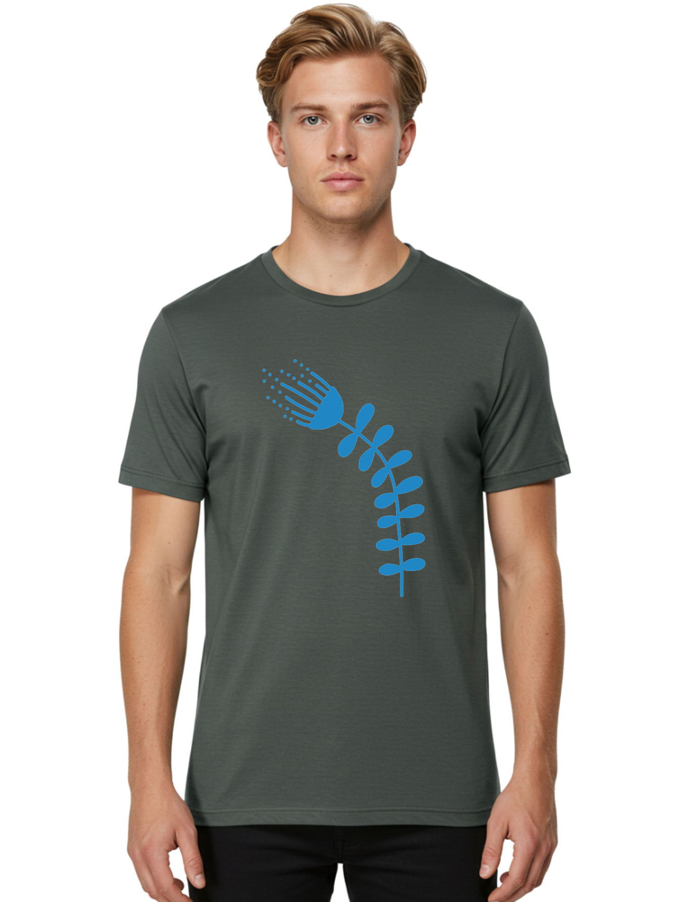 Fork-Plant Men'S Graphic Tee, 100% Cotton, Comfortable Casual Summer Wear, Machine Washable, Stylized Flower, Abstract Art, Minimalist Design, Blue Silhouette, Botanical Illustration, Creative Graphics Aab746