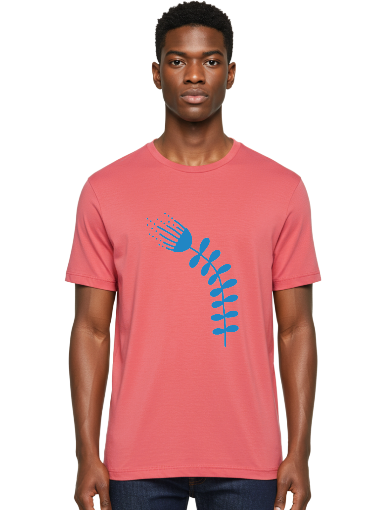 Fork-Plant Men'S Graphic Tee, 100% Cotton, Comfortable Casual Summer Wear, Machine Washable, Stylized Flower, Abstract Art, Minimalist Design, Blue Silhouette, Botanical Illustration, Creative Graphics Aab746