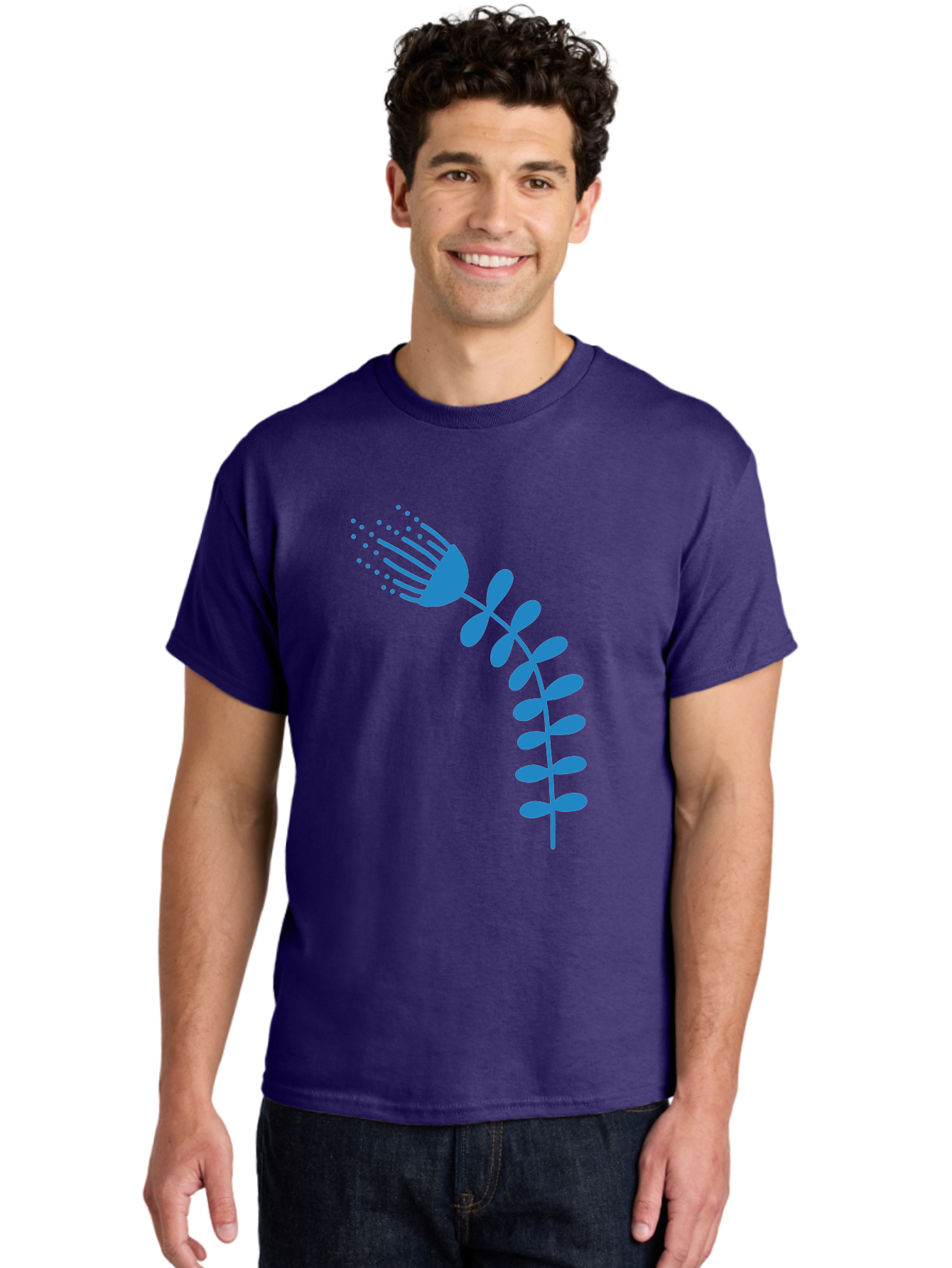 Fork-Plant Men'S Graphic Tee, 100% Cotton, Comfortable Casual Summer Wear, Machine Washable, Stylized Flower, Abstract Art, Minimalist Design, Blue Silhouette, Botanical Illustration, Creative Graphics Aab746