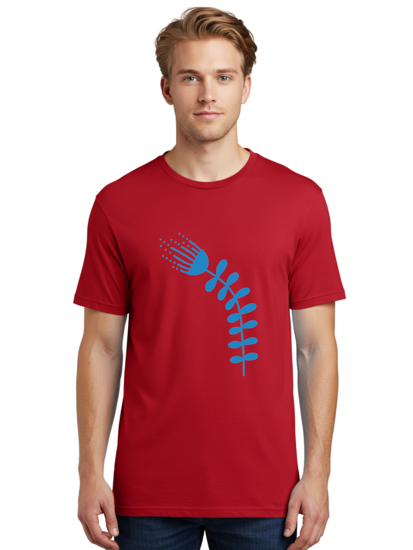 Fork-Plant Men'S Graphic Tee, 100% Cotton, Comfortable Casual Summer Wear, Machine Washable, Stylized Flower, Abstract Art, Minimalist Design, Blue Silhouette, Botanical Illustration, Creative Graphics Aab746