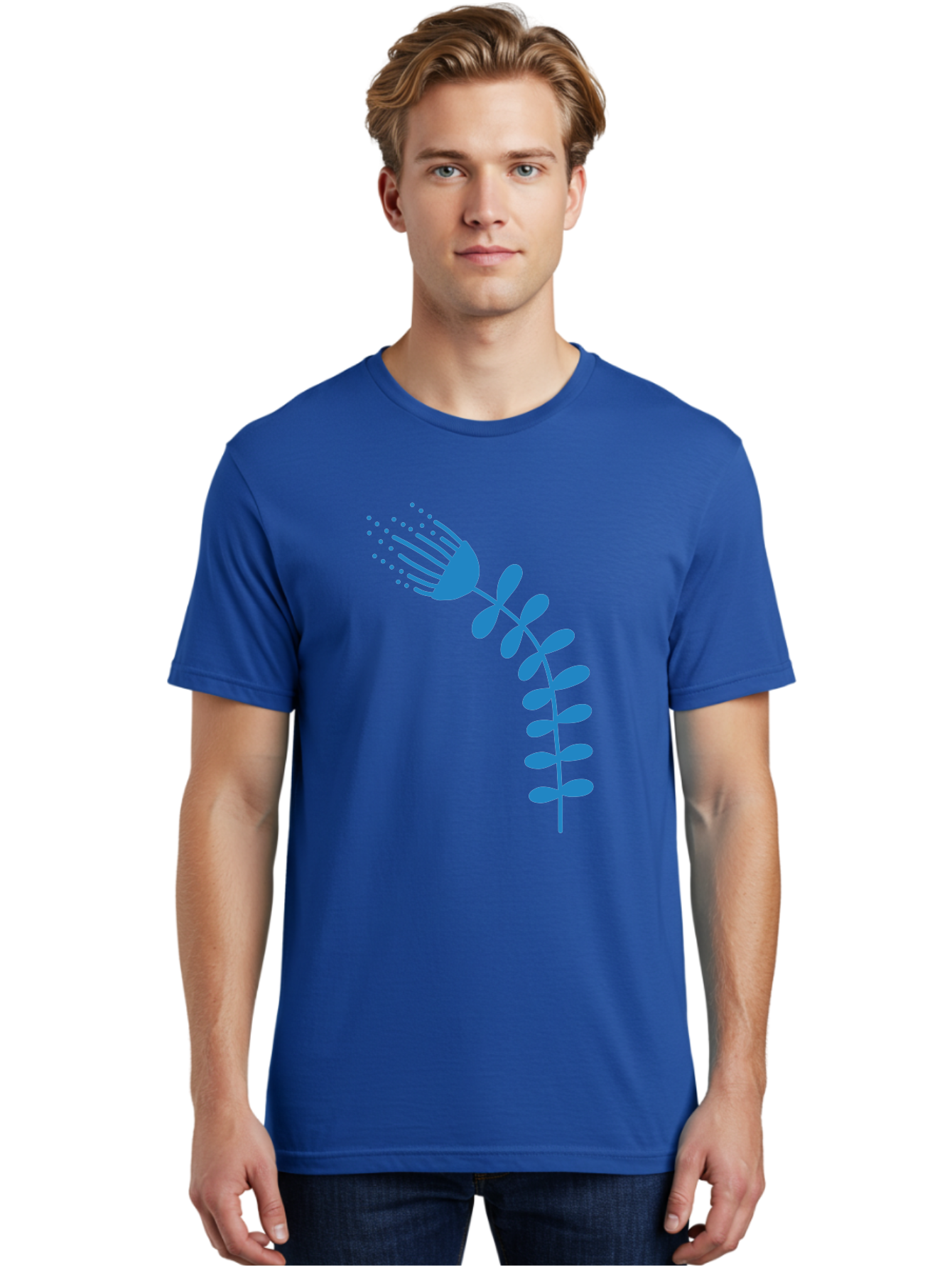 Fork-Plant Men'S Graphic Tee, 100% Cotton, Comfortable Casual Summer Wear, Machine Washable, Stylized Flower, Abstract Art, Minimalist Design, Blue Silhouette, Botanical Illustration, Creative Graphics Aab746
