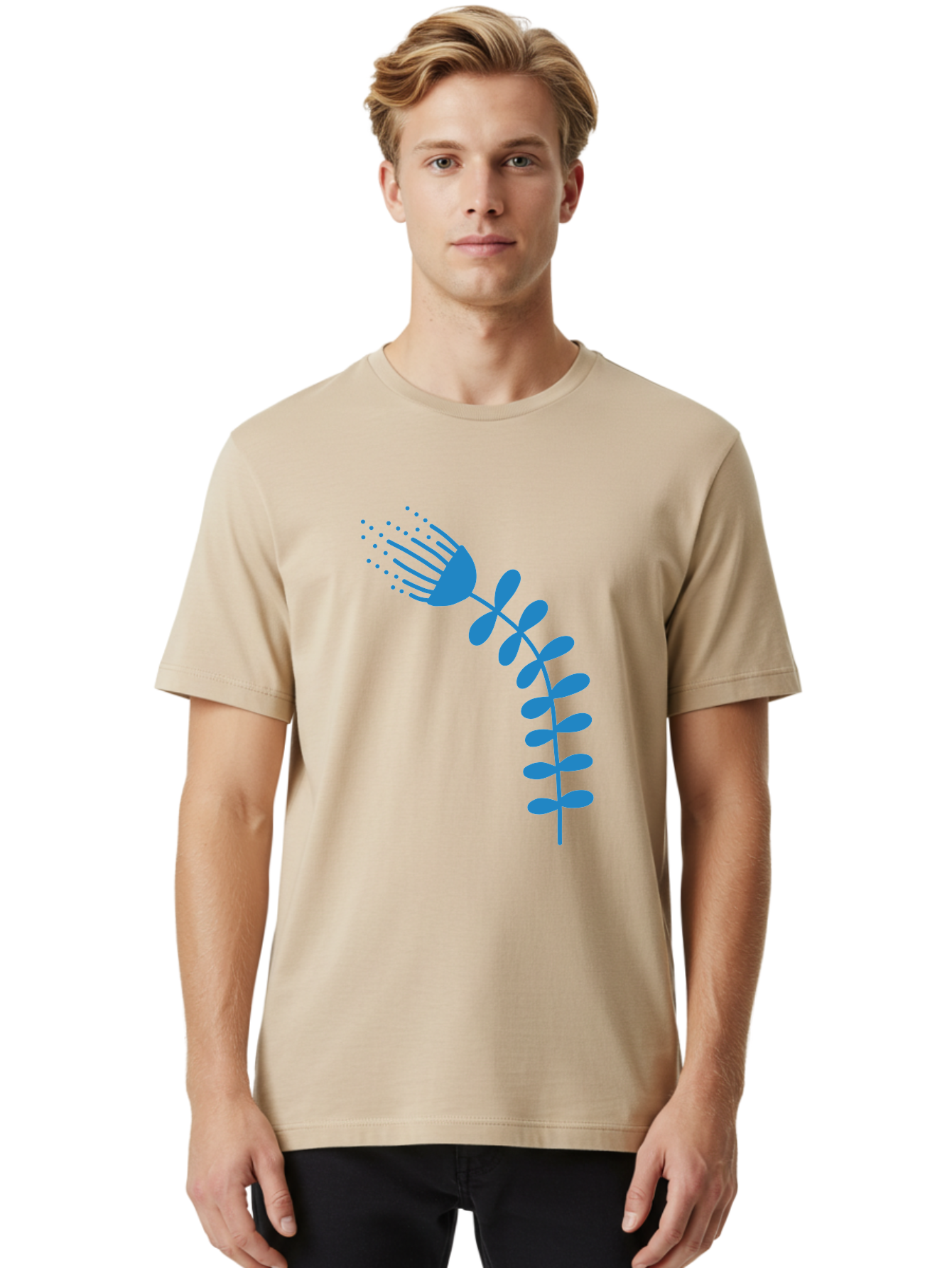 Fork-Plant Men'S Graphic Tee, 100% Cotton, Comfortable Casual Summer Wear, Machine Washable, Stylized Flower, Abstract Art, Minimalist Design, Blue Silhouette, Botanical Illustration, Creative Graphics Aab746