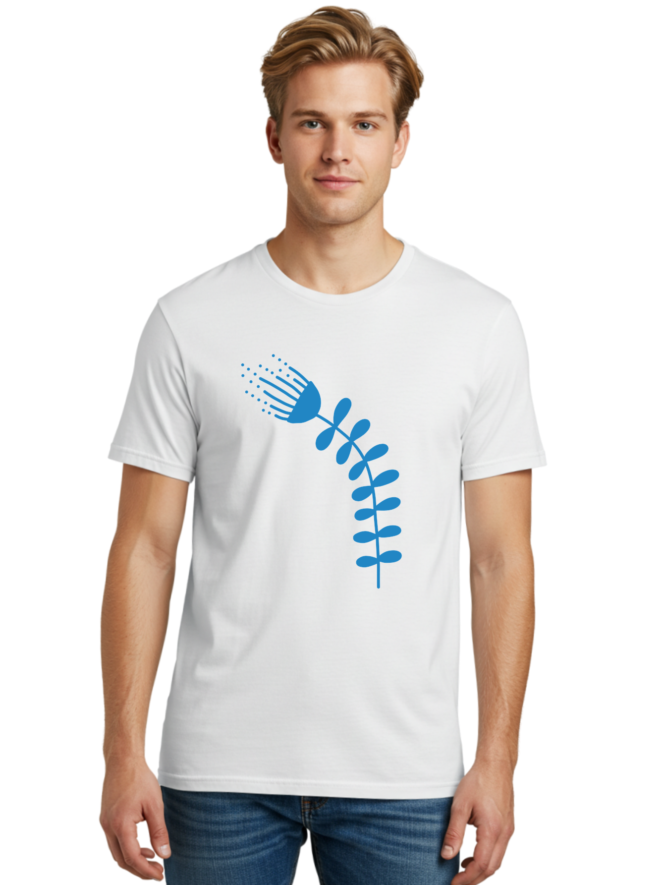 Fork-Plant Men'S Graphic Tee, 100% Cotton, Comfortable Casual Summer Wear, Machine Washable, Stylized Flower, Abstract Art, Minimalist Design, Blue Silhouette, Botanical Illustration, Creative Graphics Aab746