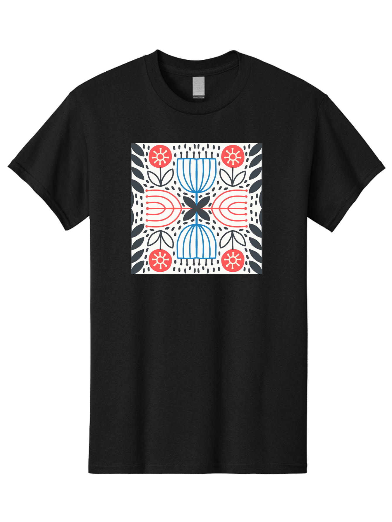 Geometric-Floral-Pattern Men'S Graphic Tee, 100% Cotton, Comfortable Casual Summer Wear, Machine Washable, Symmetrical Pattern, Floral Art, Abstract Design, Red And Blue Flowers, Black Leaves, Creative Symmetry, Geometric Shapes, Aab747
