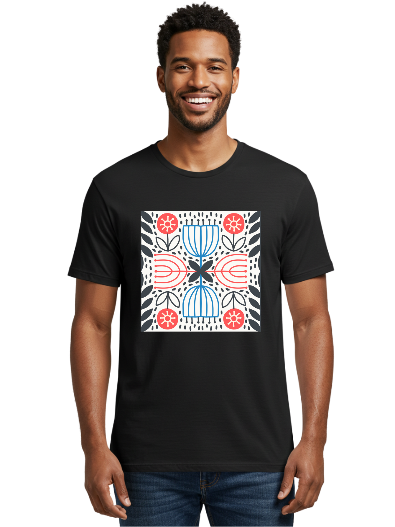 Geometric-Floral-Pattern Men'S Graphic Tee, 100% Cotton, Comfortable Casual Summer Wear, Machine Washable, Symmetrical Pattern, Floral Art, Abstract Design, Red And Blue Flowers, Black Leaves, Creative Symmetry, Geometric Shapes, Aab747