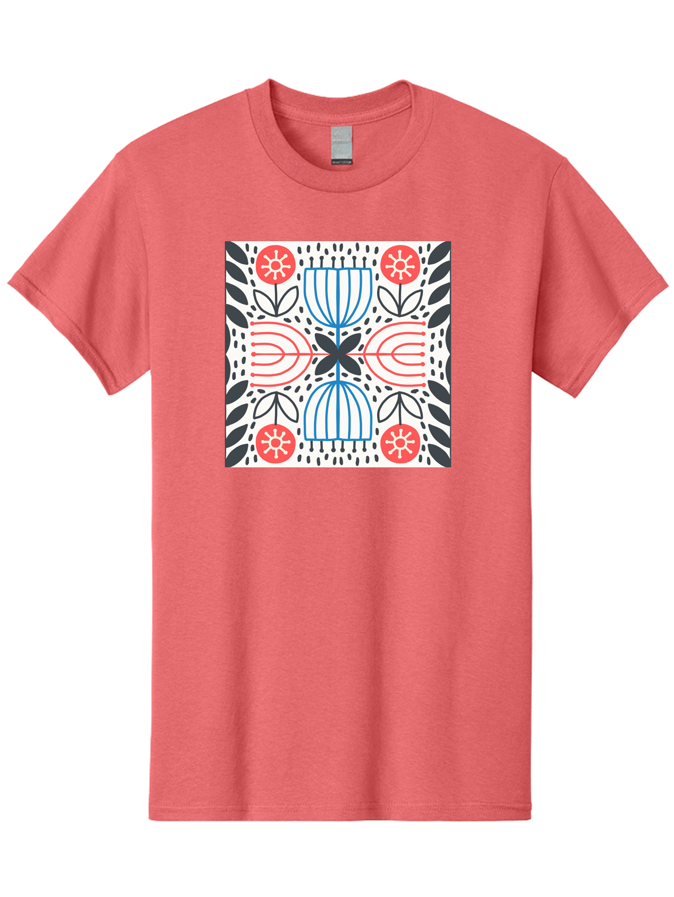 Geometric-Floral-Pattern Men'S Graphic Tee, 100% Cotton, Comfortable Casual Summer Wear, Machine Washable, Symmetrical Pattern, Floral Art, Abstract Design, Red And Blue Flowers, Black Leaves, Creative Symmetry, Geometric Shapes, Aab747
