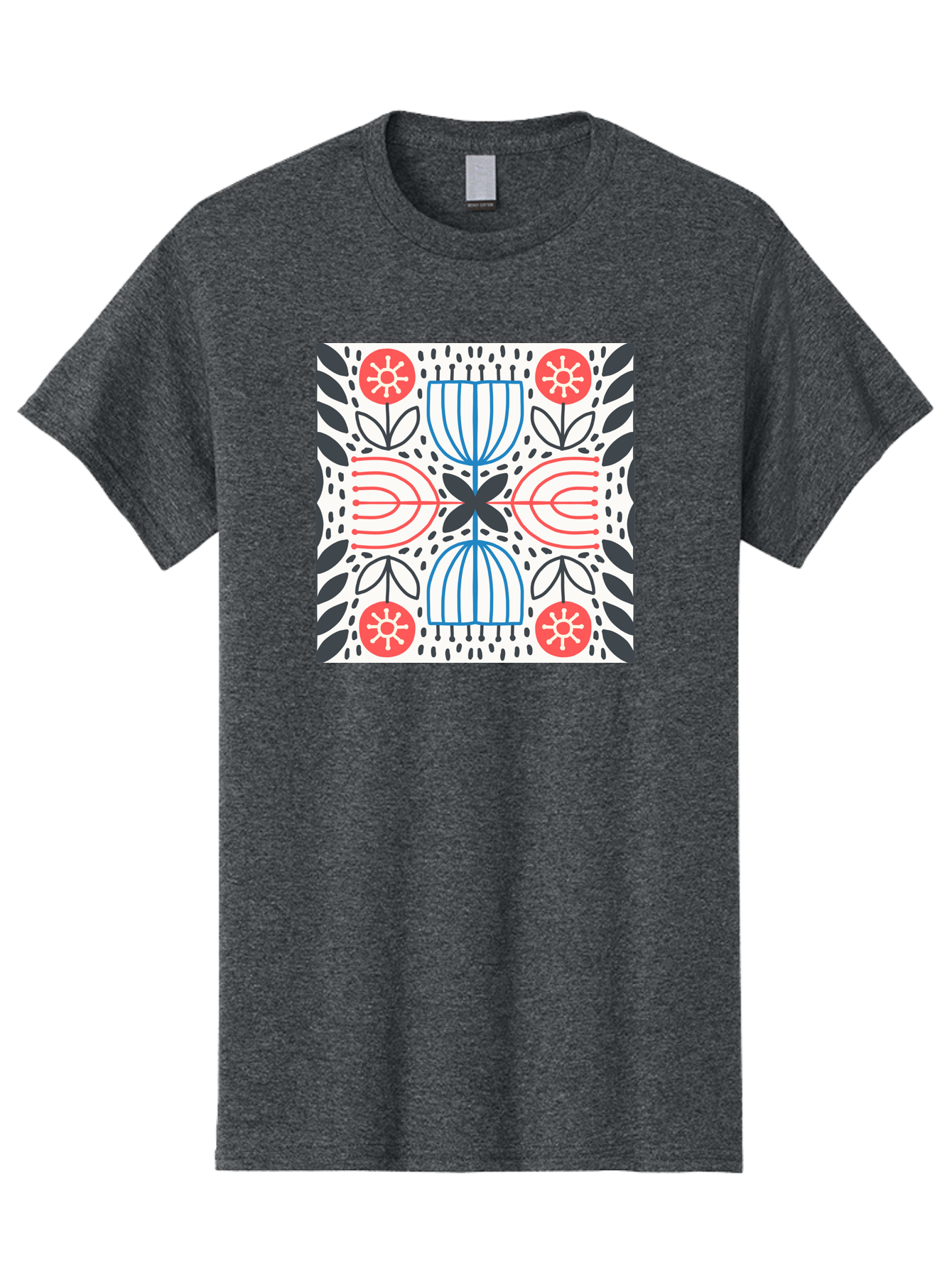 Geometric-Floral-Pattern Men'S Graphic Tee, 100% Cotton, Comfortable Casual Summer Wear, Machine Washable, Symmetrical Pattern, Floral Art, Abstract Design, Red And Blue Flowers, Black Leaves, Creative Symmetry, Geometric Shapes, Aab747