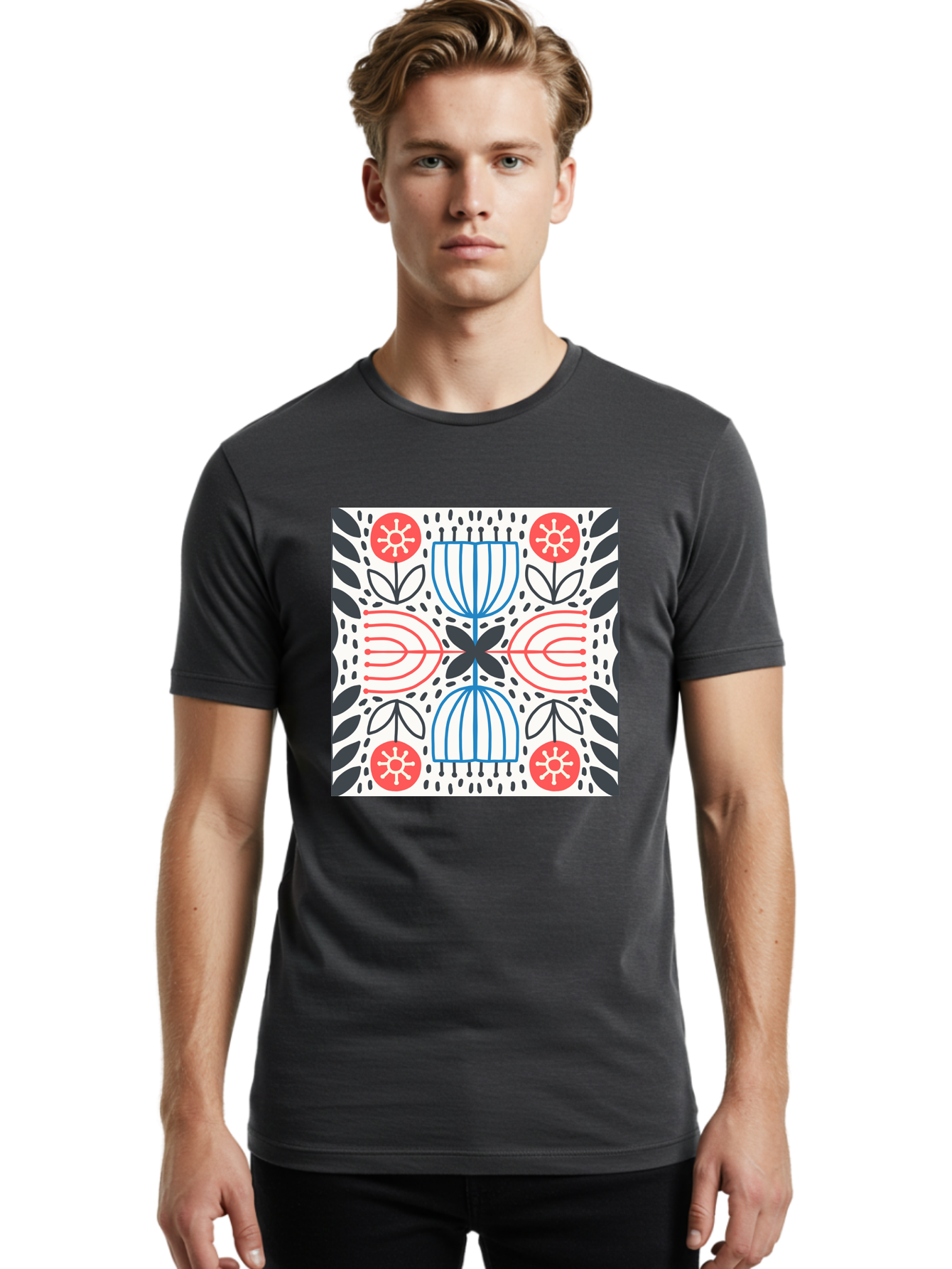 Geometric-Floral-Pattern Men'S Graphic Tee, 100% Cotton, Comfortable Casual Summer Wear, Machine Washable, Symmetrical Pattern, Floral Art, Abstract Design, Red And Blue Flowers, Black Leaves, Creative Symmetry, Geometric Shapes, Aab747
