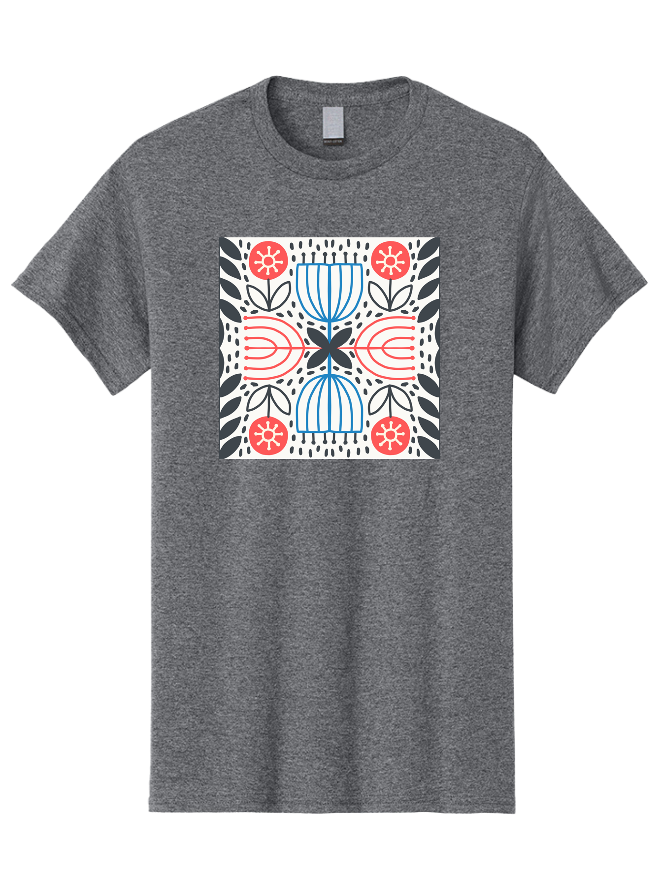 Geometric-Floral-Pattern Men'S Graphic Tee, 100% Cotton, Comfortable Casual Summer Wear, Machine Washable, Symmetrical Pattern, Floral Art, Abstract Design, Red And Blue Flowers, Black Leaves, Creative Symmetry, Geometric Shapes, Aab747