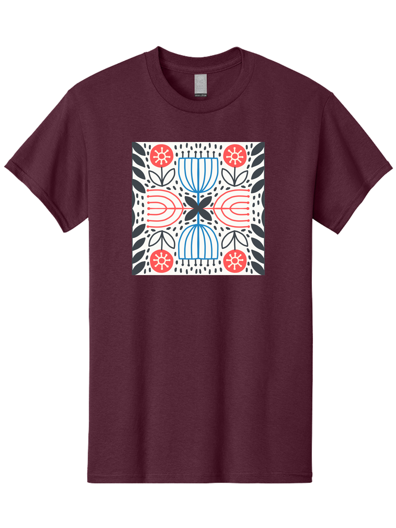 Geometric-Floral-Pattern Men'S Graphic Tee, 100% Cotton, Comfortable Casual Summer Wear, Machine Washable, Symmetrical Pattern, Floral Art, Abstract Design, Red And Blue Flowers, Black Leaves, Creative Symmetry, Geometric Shapes, Aab747