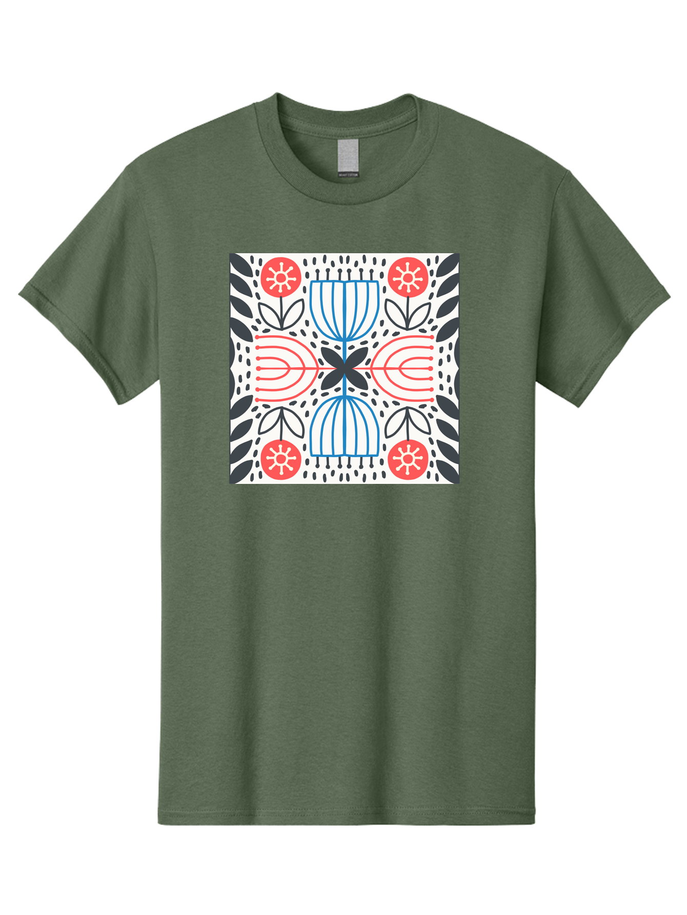 Geometric-Floral-Pattern Men'S Graphic Tee, 100% Cotton, Comfortable Casual Summer Wear, Machine Washable, Symmetrical Pattern, Floral Art, Abstract Design, Red And Blue Flowers, Black Leaves, Creative Symmetry, Geometric Shapes, Aab747