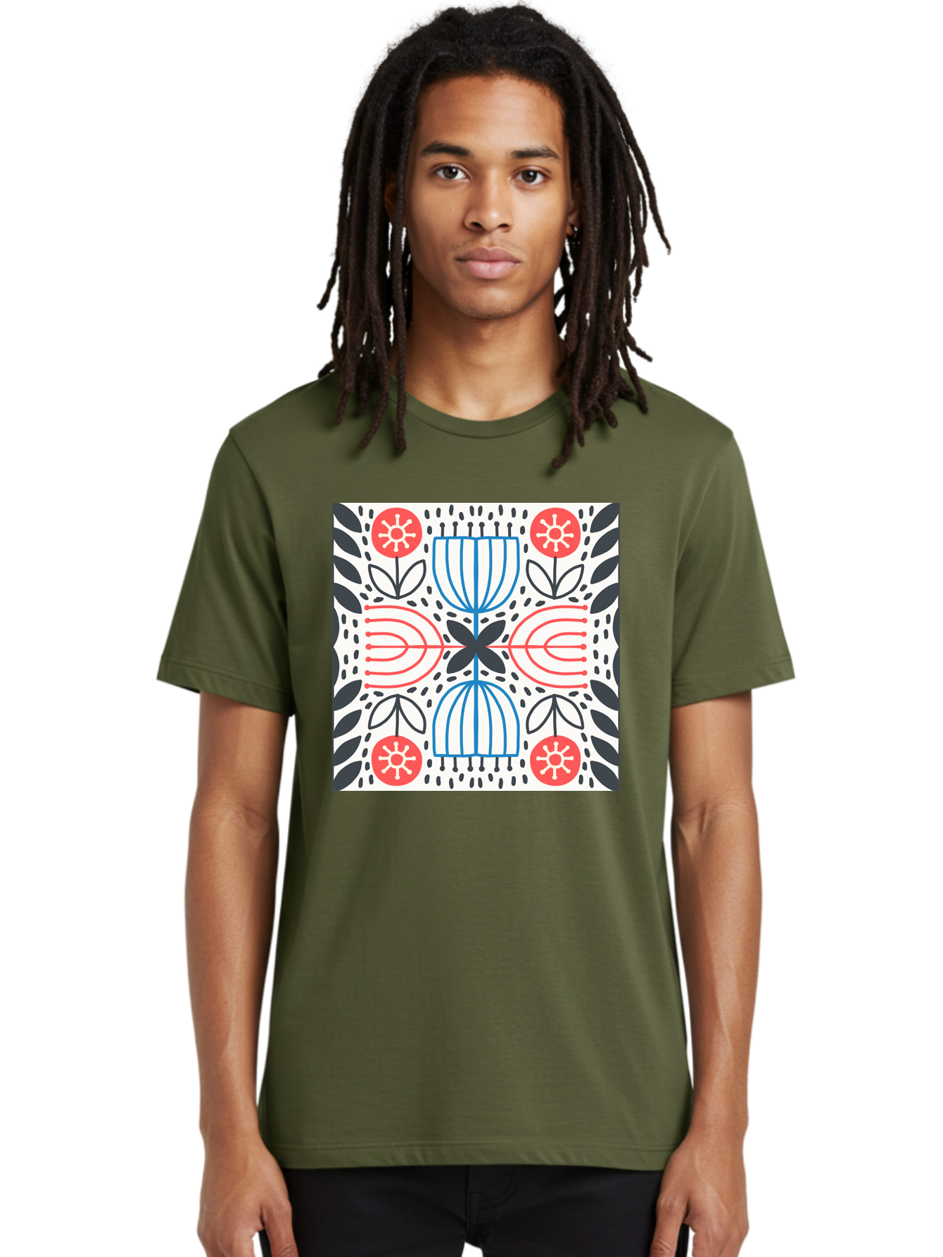 Geometric-Floral-Pattern Men'S Graphic Tee, 100% Cotton, Comfortable Casual Summer Wear, Machine Washable, Symmetrical Pattern, Floral Art, Abstract Design, Red And Blue Flowers, Black Leaves, Creative Symmetry, Geometric Shapes, Aab747