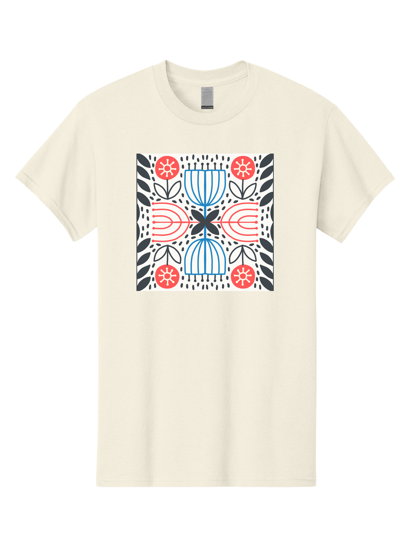 Geometric-Floral-Pattern Men'S Graphic Tee, 100% Cotton, Comfortable Casual Summer Wear, Machine Washable, Symmetrical Pattern, Floral Art, Abstract Design, Red And Blue Flowers, Black Leaves, Creative Symmetry, Geometric Shapes, Aab747