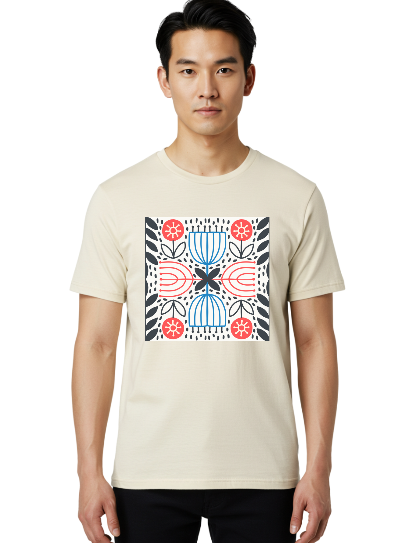 Geometric-Floral-Pattern Men'S Graphic Tee, 100% Cotton, Comfortable Casual Summer Wear, Machine Washable, Symmetrical Pattern, Floral Art, Abstract Design, Red And Blue Flowers, Black Leaves, Creative Symmetry, Geometric Shapes, Aab747