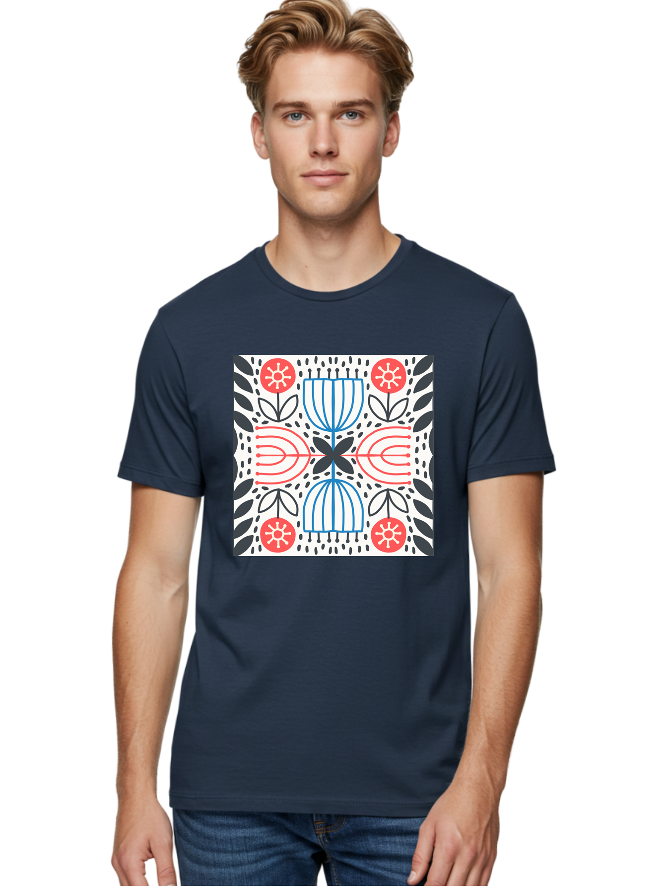 Geometric-Floral-Pattern Men'S Graphic Tee, 100% Cotton, Comfortable Casual Summer Wear, Machine Washable, Symmetrical Pattern, Floral Art, Abstract Design, Red And Blue Flowers, Black Leaves, Creative Symmetry, Geometric Shapes, Aab747