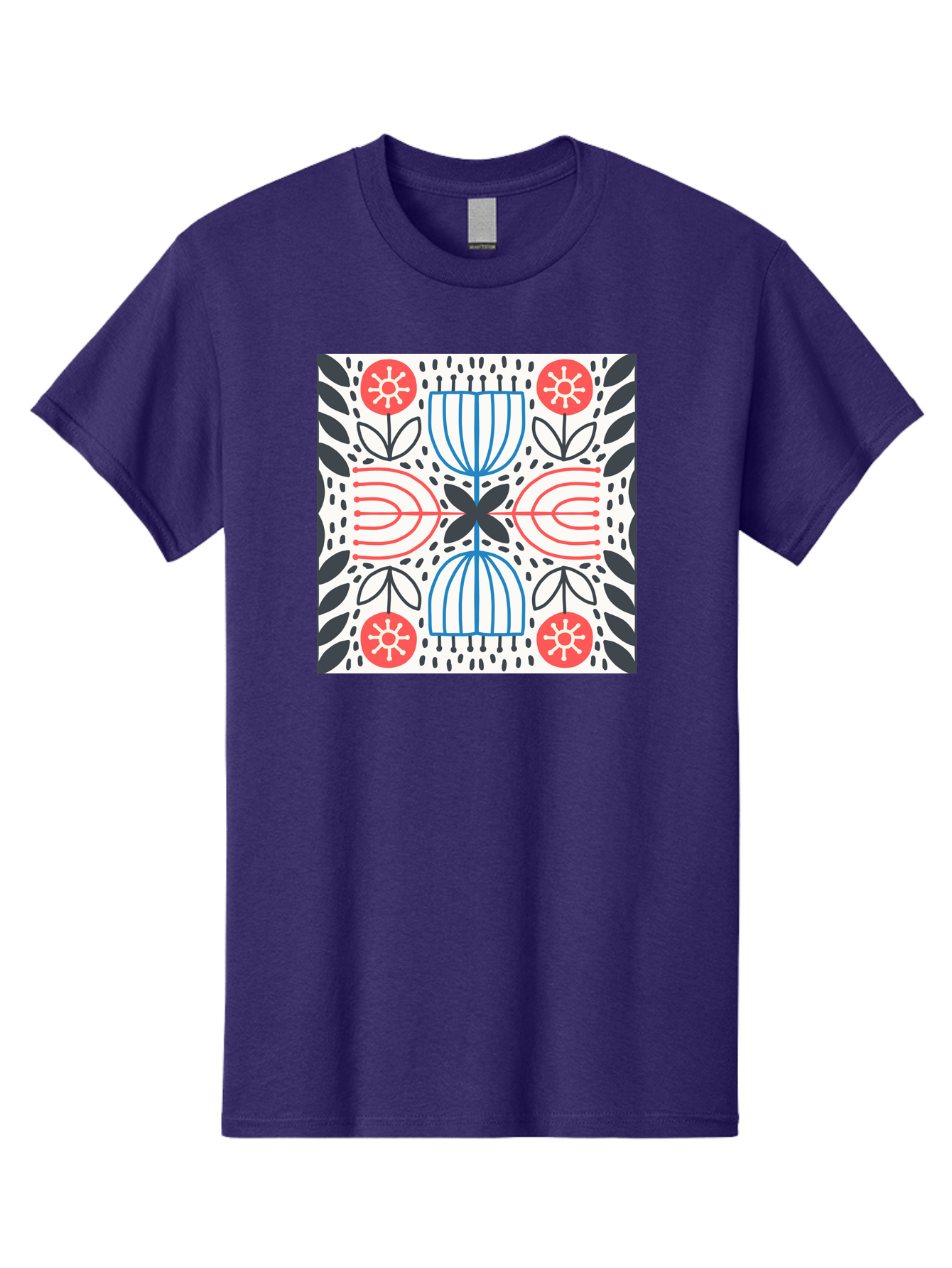 Geometric-Floral-Pattern Men'S Graphic Tee, 100% Cotton, Comfortable Casual Summer Wear, Machine Washable, Symmetrical Pattern, Floral Art, Abstract Design, Red And Blue Flowers, Black Leaves, Creative Symmetry, Geometric Shapes, Aab747