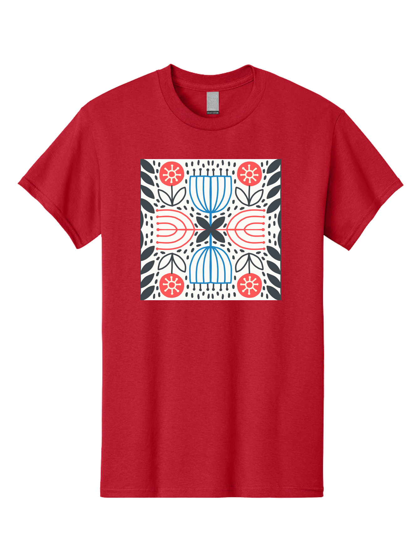 Geometric-Floral-Pattern Men'S Graphic Tee, 100% Cotton, Comfortable Casual Summer Wear, Machine Washable, Symmetrical Pattern, Floral Art, Abstract Design, Red And Blue Flowers, Black Leaves, Creative Symmetry, Geometric Shapes, Aab747