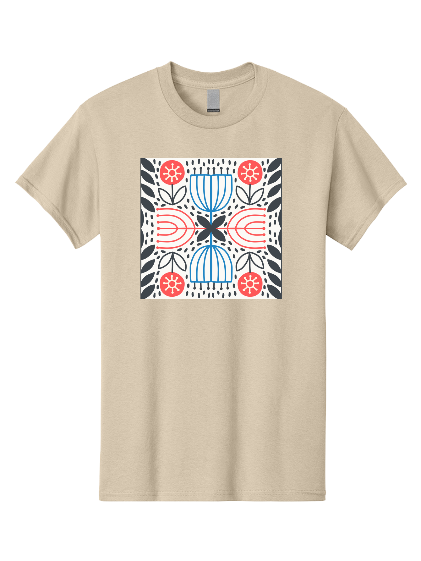 Geometric-Floral-Pattern Men'S Graphic Tee, 100% Cotton, Comfortable Casual Summer Wear, Machine Washable, Symmetrical Pattern, Floral Art, Abstract Design, Red And Blue Flowers, Black Leaves, Creative Symmetry, Geometric Shapes, Aab747