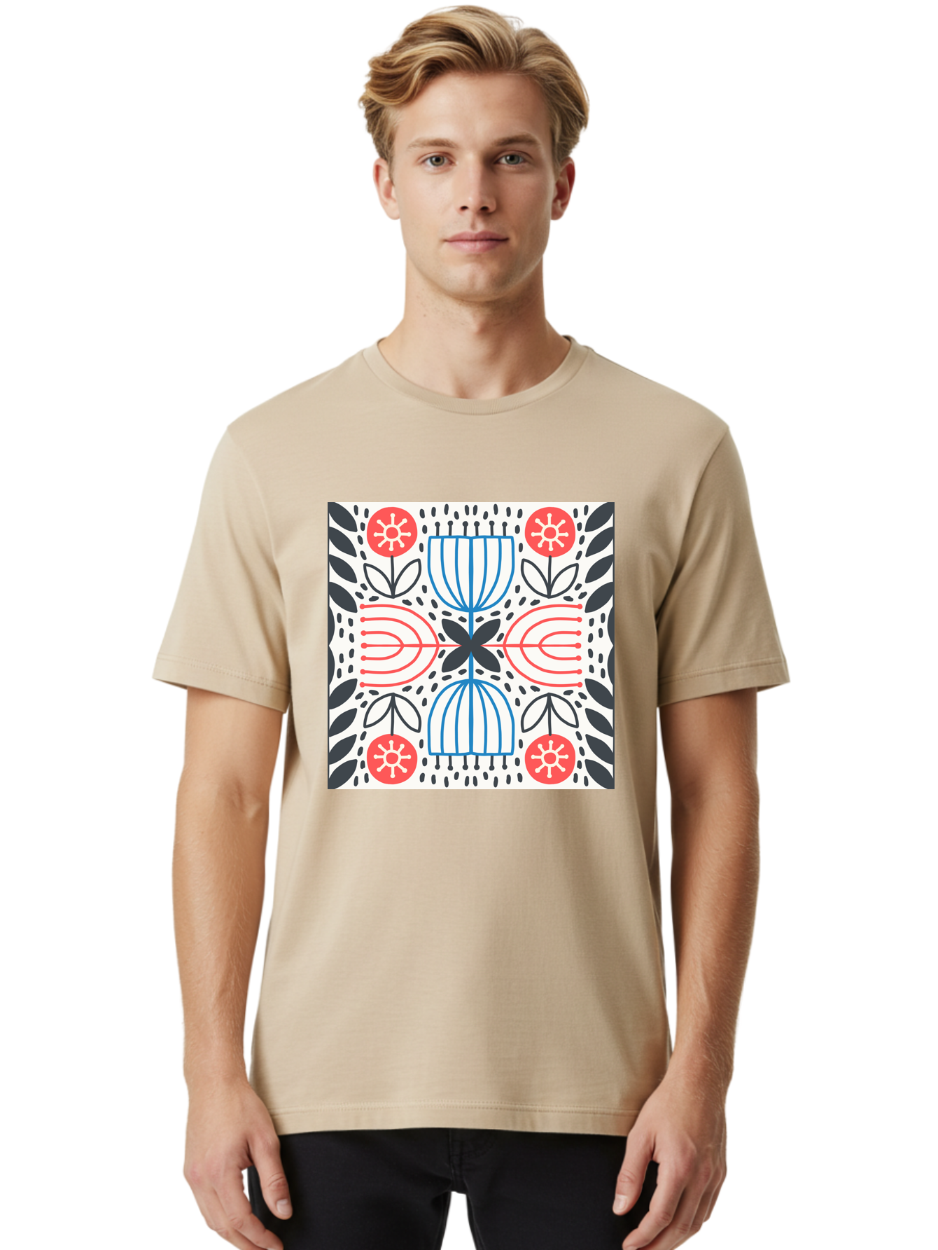 Geometric-Floral-Pattern Men'S Graphic Tee, 100% Cotton, Comfortable Casual Summer Wear, Machine Washable, Symmetrical Pattern, Floral Art, Abstract Design, Red And Blue Flowers, Black Leaves, Creative Symmetry, Geometric Shapes, Aab747