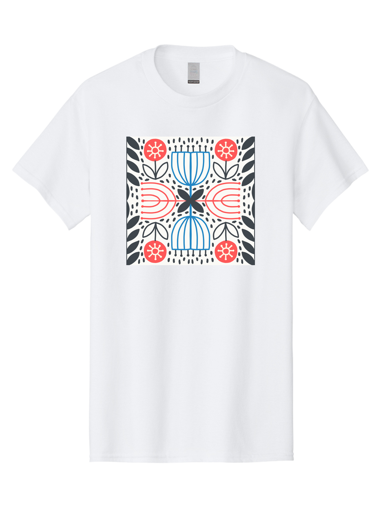Geometric-Floral-Pattern Men'S Graphic Tee, 100% Cotton, Comfortable Casual Summer Wear, Machine Washable, Symmetrical Pattern, Floral Art, Abstract Design, Red And Blue Flowers, Black Leaves, Creative Symmetry, Geometric Shapes, Aab747
