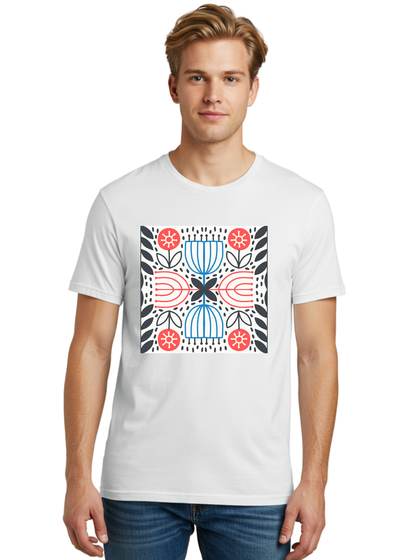 Geometric-Floral-Pattern Men'S Graphic Tee, 100% Cotton, Comfortable Casual Summer Wear, Machine Washable, Symmetrical Pattern, Floral Art, Abstract Design, Red And Blue Flowers, Black Leaves, Creative Symmetry, Geometric Shapes, Aab747