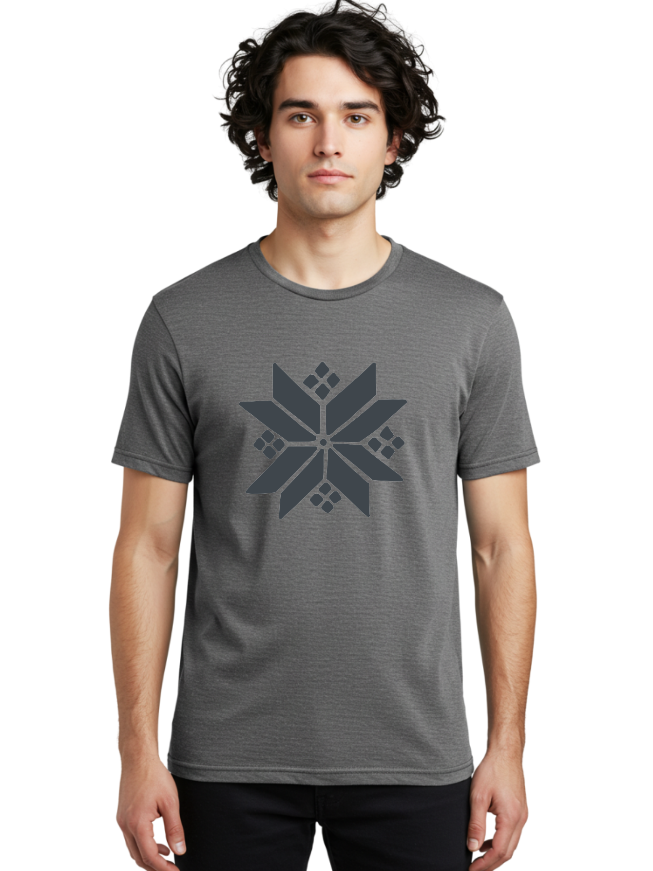 Geometric-Flower Men'S Graphic Tee, 100% Cotton, Comfortable Casual Summer Wear, Machine Washable, Grey Snowflake Design, Geometric Shapes, Symmetrical Pattern, Modern Art, Abstract Graphics, Minimalist Style, Frosty Motif Aab748