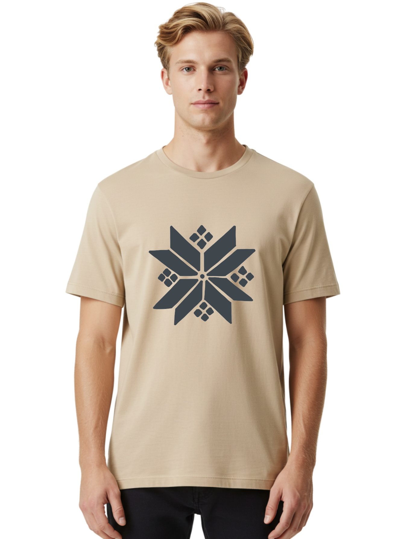 Geometric-Flower Men'S Graphic Tee, 100% Cotton, Comfortable Casual Summer Wear, Machine Washable, Grey Snowflake Design, Geometric Shapes, Symmetrical Pattern, Modern Art, Abstract Graphics, Minimalist Style, Frosty Motif Aab748