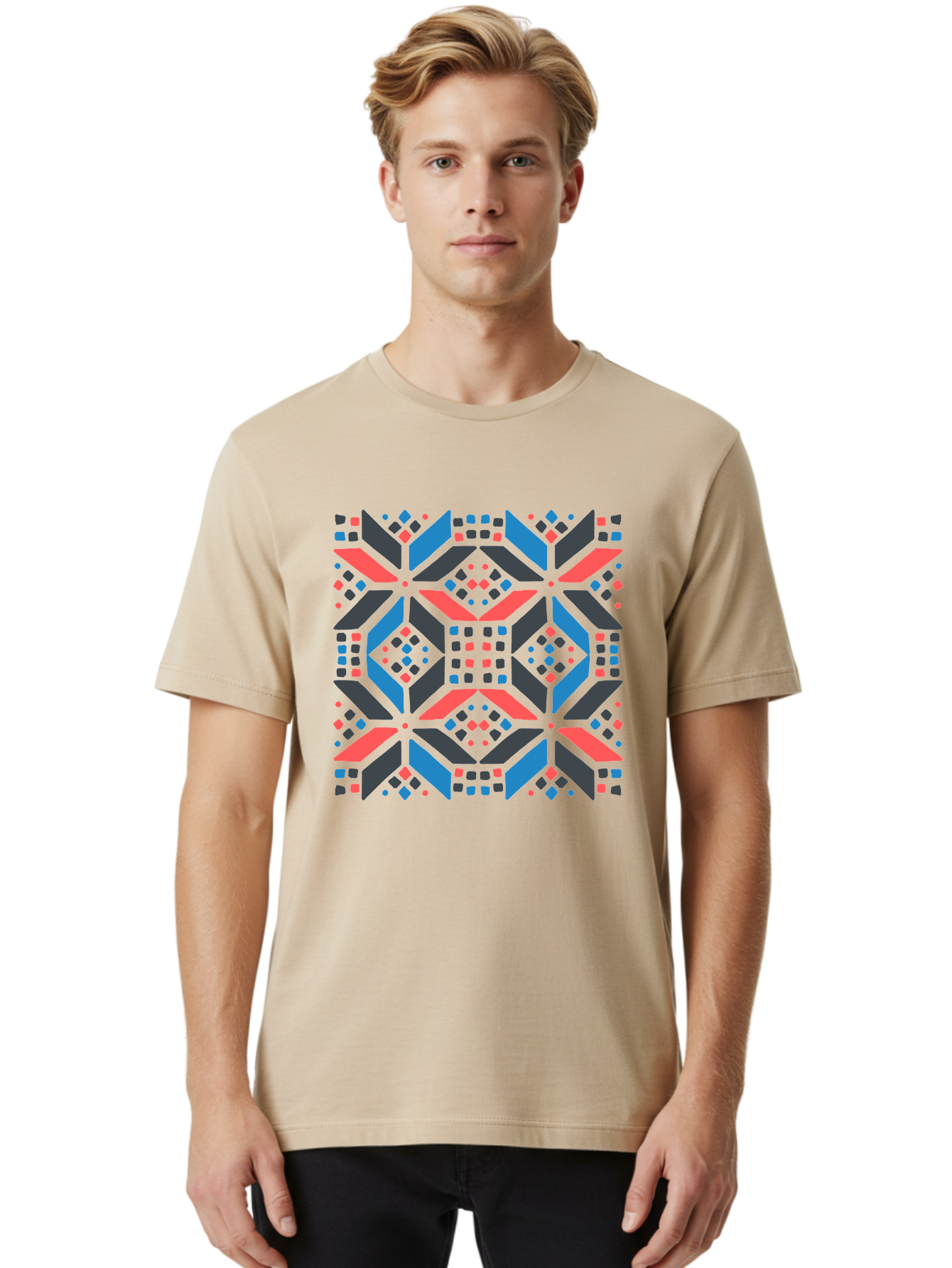 Geometric-Pattern-2 Men'S Graphic Tee, 100% Cotton, Comfortable Casual Summer Wear, Machine Washable, Geometric Shapes, Vibrant Geometric Pattern, Abstract Art, Colorful Design, Modern Aesthetic, Symmetrical Pattern, Bold Colors, Aab750