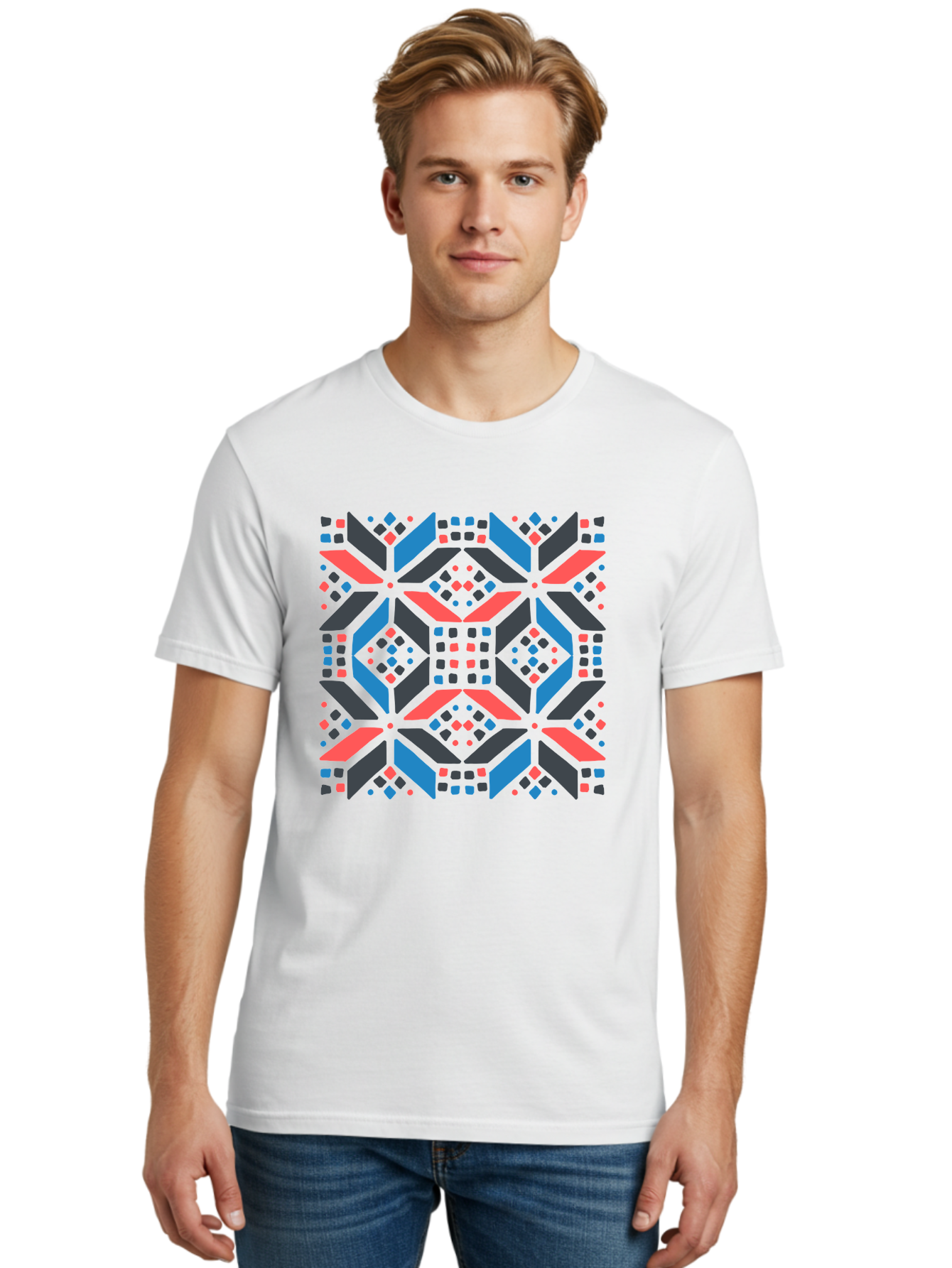 Geometric-Pattern-2 Men'S Graphic Tee, 100% Cotton, Comfortable Casual Summer Wear, Machine Washable, Geometric Shapes, Vibrant Geometric Pattern, Abstract Art, Colorful Design, Modern Aesthetic, Symmetrical Pattern, Bold Colors, Aab750