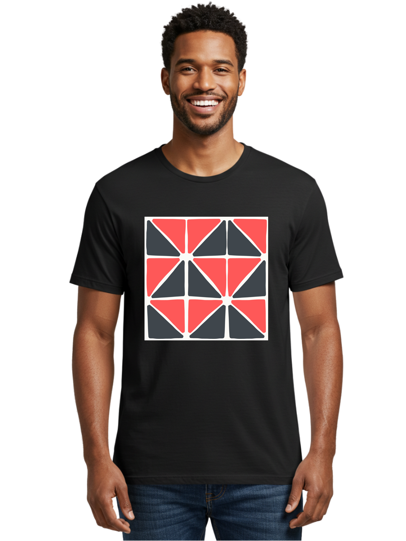 Geometric-Pattern-3 Men'S Graphic Tee, 100% Cotton, Comfortable Casual Summer Wear, Machine Washable, Geometric Pattern, Red And Black Triangles, Abstract Design, Symmetrical Shapes, Modern Art, Minimalist Style, Bold Colors, Aab751