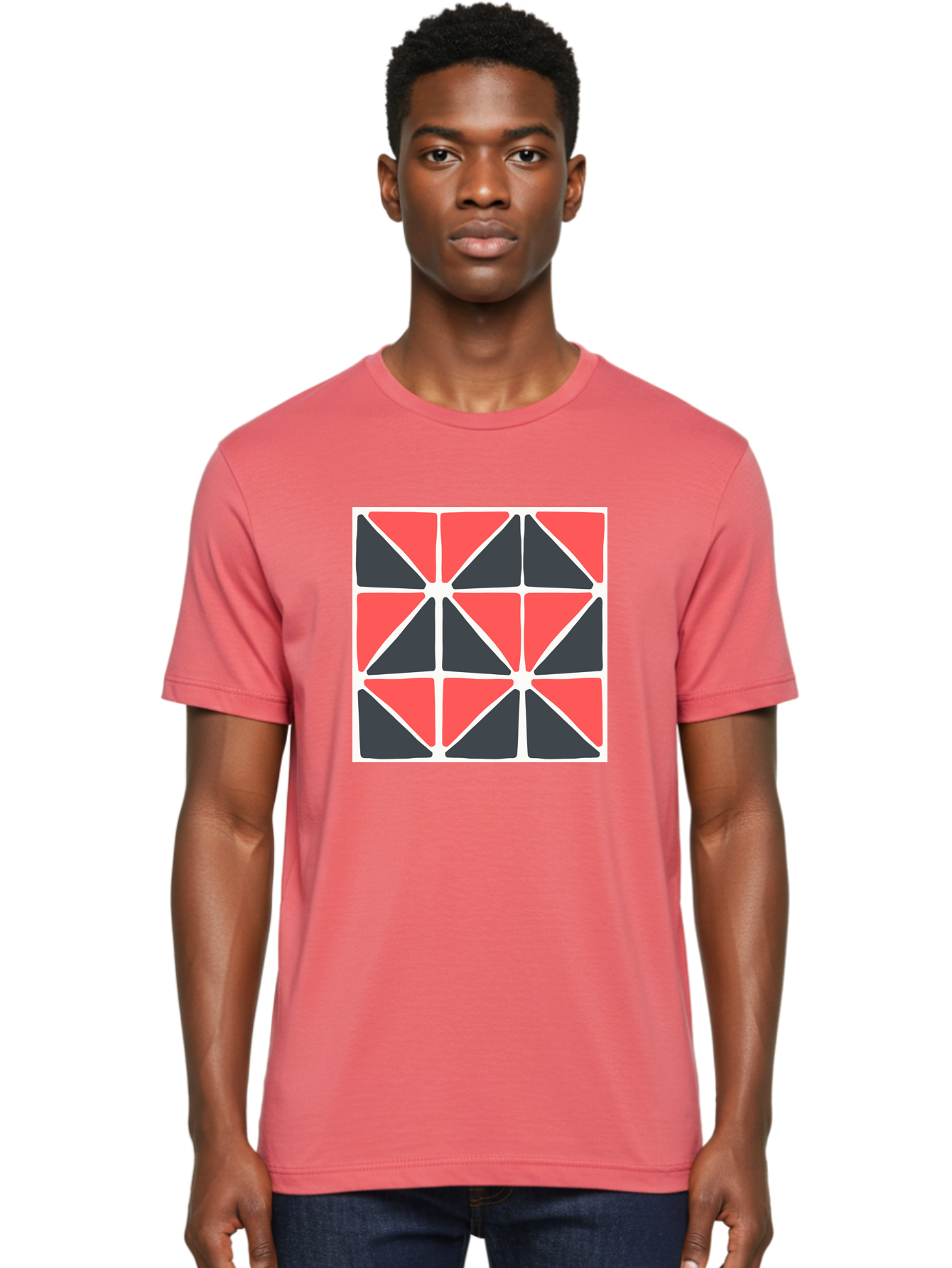 Geometric-Pattern-3 Men'S Graphic Tee, 100% Cotton, Comfortable Casual Summer Wear, Machine Washable, Geometric Pattern, Red And Black Triangles, Abstract Design, Symmetrical Shapes, Modern Art, Minimalist Style, Bold Colors, Aab751