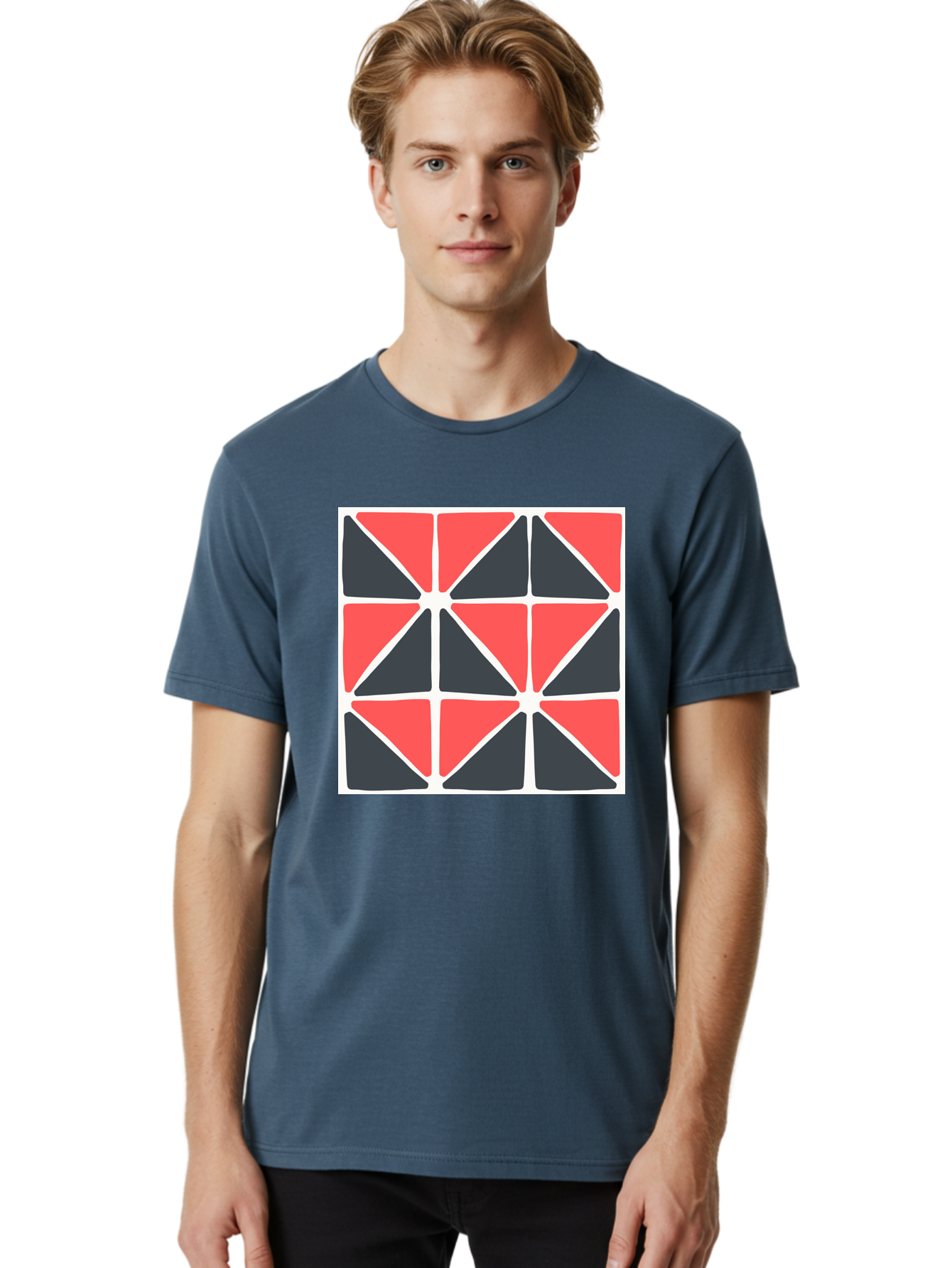 Geometric-Pattern-3 Men'S Graphic Tee, 100% Cotton, Comfortable Casual Summer Wear, Machine Washable, Geometric Pattern, Red And Black Triangles, Abstract Design, Symmetrical Shapes, Modern Art, Minimalist Style, Bold Colors, Aab751