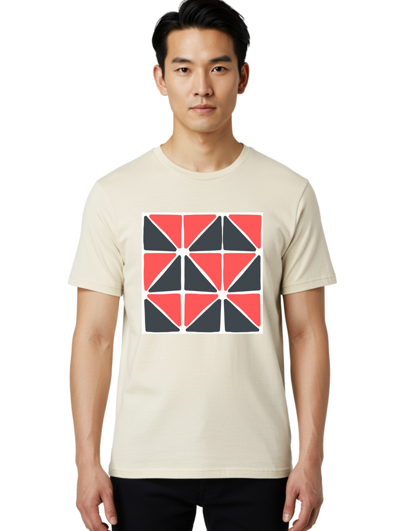 Geometric-Pattern-3 Men'S Graphic Tee, 100% Cotton, Comfortable Casual Summer Wear, Machine Washable, Geometric Pattern, Red And Black Triangles, Abstract Design, Symmetrical Shapes, Modern Art, Minimalist Style, Bold Colors, Aab751