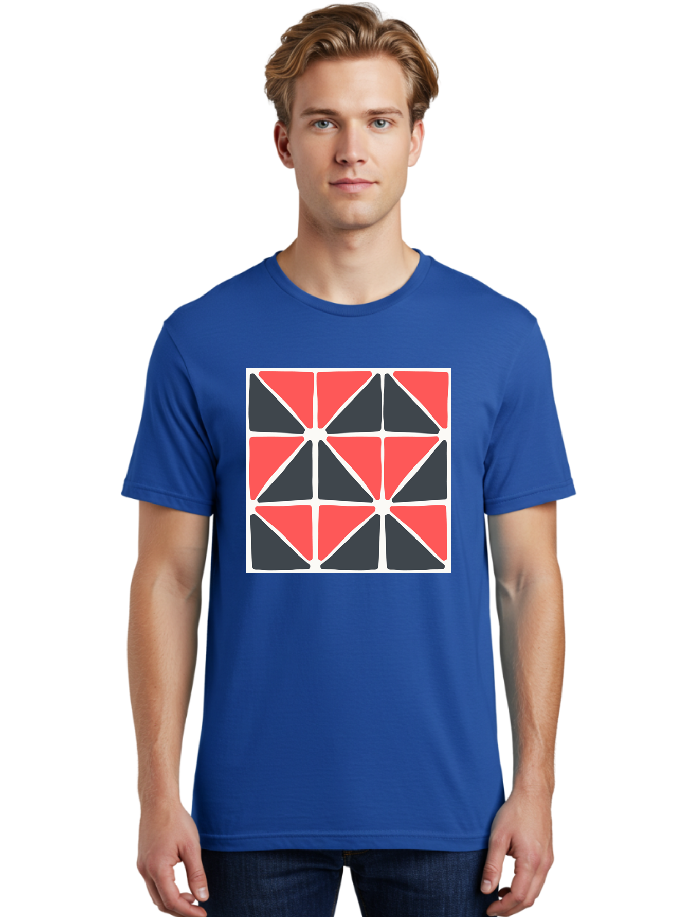 Geometric-Pattern-3 Men'S Graphic Tee, 100% Cotton, Comfortable Casual Summer Wear, Machine Washable, Geometric Pattern, Red And Black Triangles, Abstract Design, Symmetrical Shapes, Modern Art, Minimalist Style, Bold Colors, Aab751