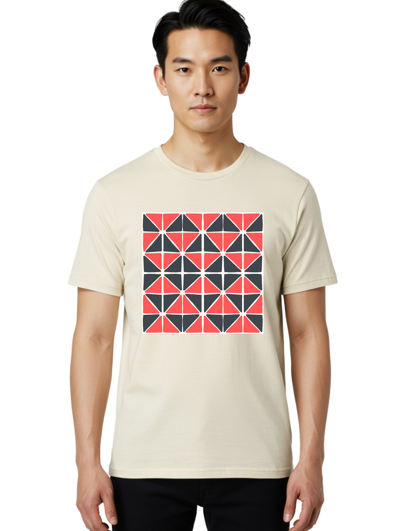 Geometric-Pattern Men'S Graphic Tee, 100% Cotton, Comfortable Casual Summer Wear, Machine Washable, Geometric Pattern, Red And Black Triangles, Abstract Design, Modern Art, Seamless Pattern, Graphic Design, Symmetrical Shapes, Aab752