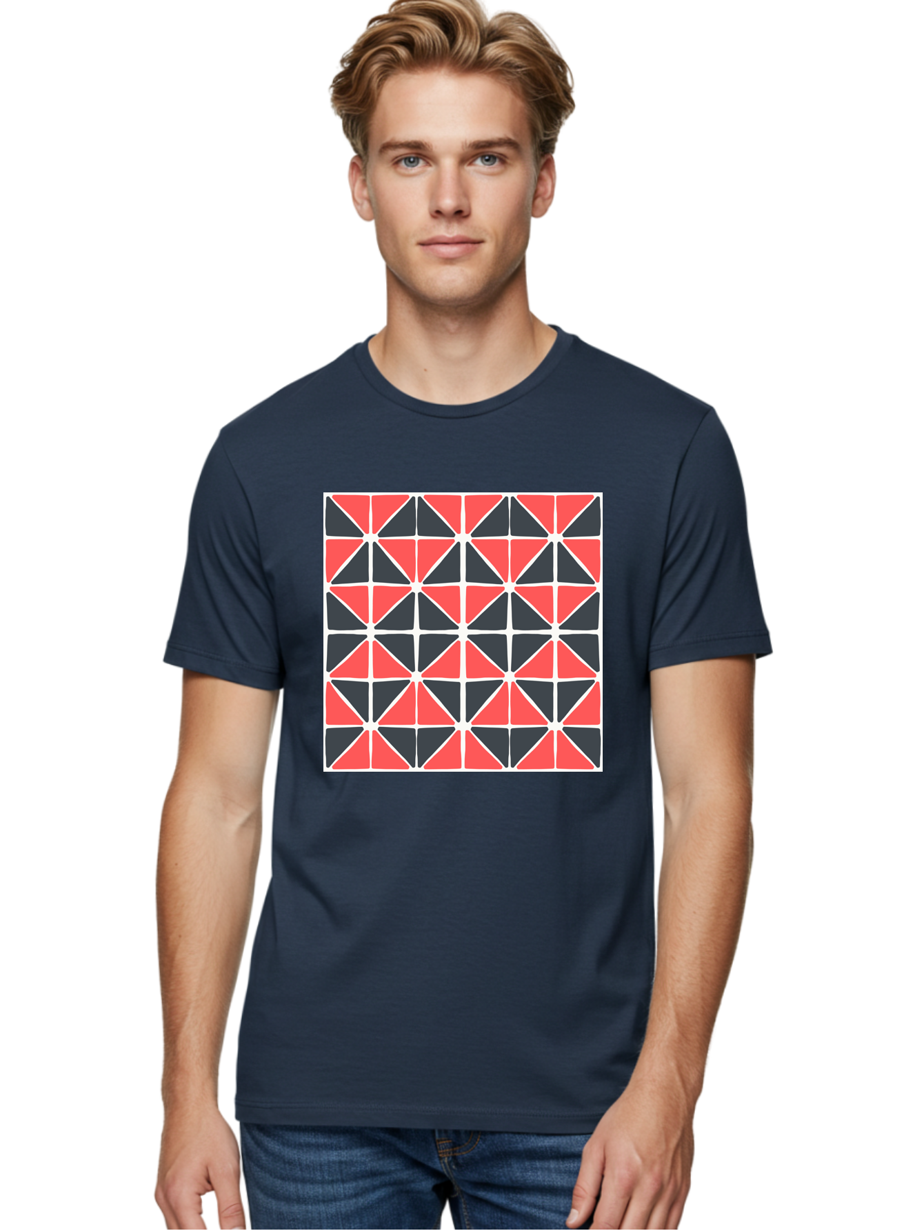 Geometric-Pattern Men'S Graphic Tee, 100% Cotton, Comfortable Casual Summer Wear, Machine Washable, Geometric Pattern, Red And Black Triangles, Abstract Design, Modern Art, Seamless Pattern, Graphic Design, Symmetrical Shapes, Aab752