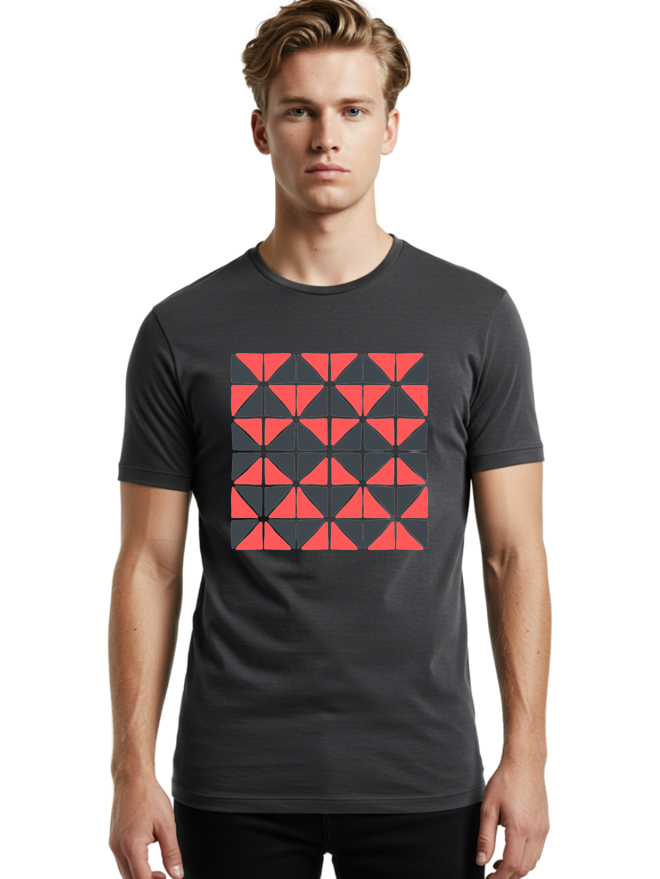 Geometric-Triangles Men'S Graphic Tee, 100% Cotton, Comfortable Casual Summer Wear, Machine Washable, Repeating Pattern Of Triangles, Geometric Shapes, Symmetrical Design, Black And Red Triangles, Abstract Art, Modern Graphic Design, Aab753