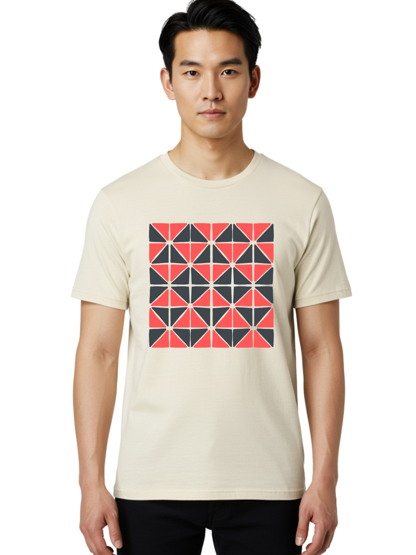 Geometric-Triangles Men'S Graphic Tee, 100% Cotton, Comfortable Casual Summer Wear, Machine Washable, Repeating Pattern Of Triangles, Geometric Shapes, Symmetrical Design, Black And Red Triangles, Abstract Art, Modern Graphic Design, Aab753