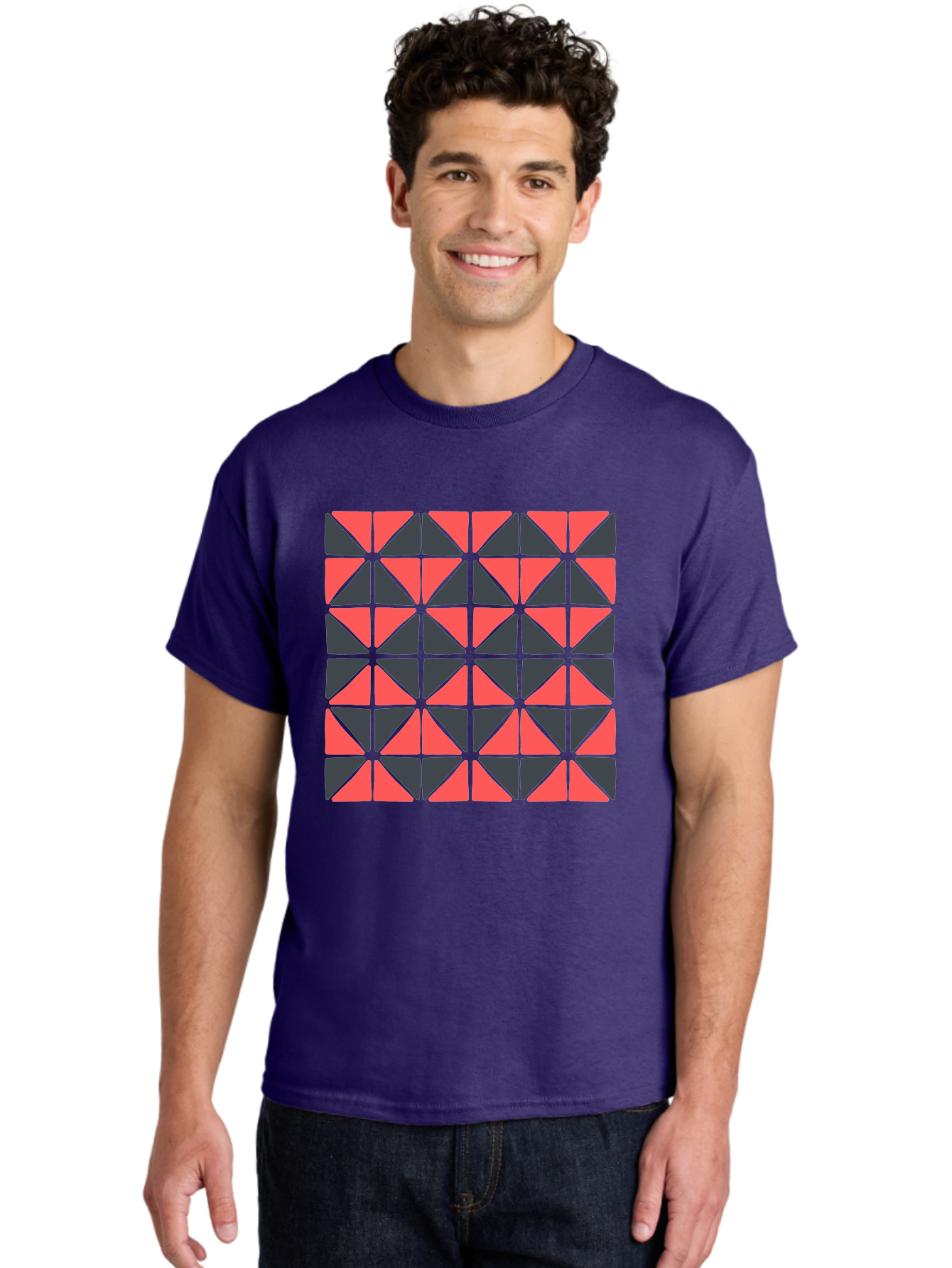 Geometric-Triangles Men'S Graphic Tee, 100% Cotton, Comfortable Casual Summer Wear, Machine Washable, Repeating Pattern Of Triangles, Geometric Shapes, Symmetrical Design, Black And Red Triangles, Abstract Art, Modern Graphic Design, Aab753