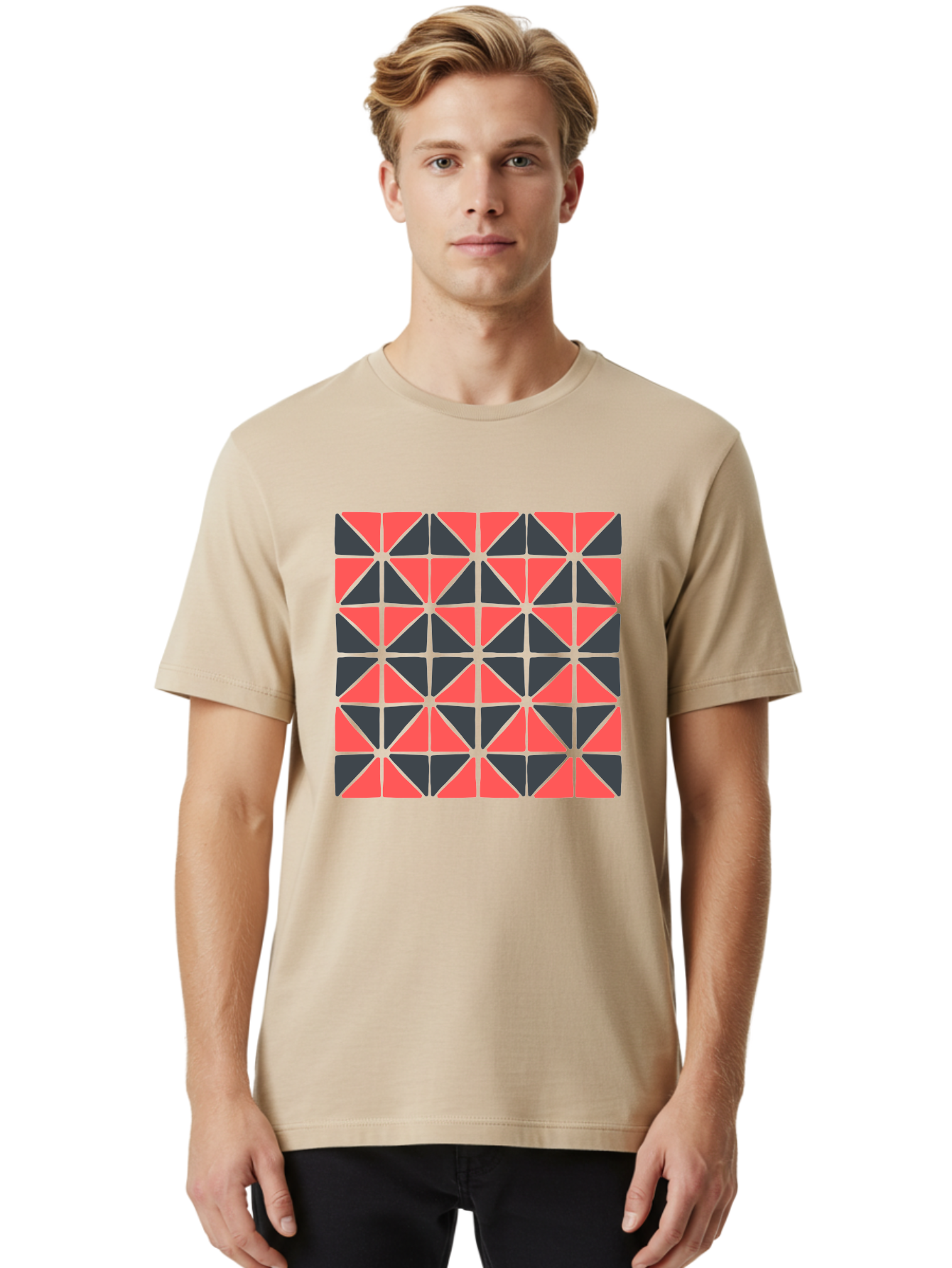 Geometric-Triangles Men'S Graphic Tee, 100% Cotton, Comfortable Casual Summer Wear, Machine Washable, Repeating Pattern Of Triangles, Geometric Shapes, Symmetrical Design, Black And Red Triangles, Abstract Art, Modern Graphic Design, Aab753