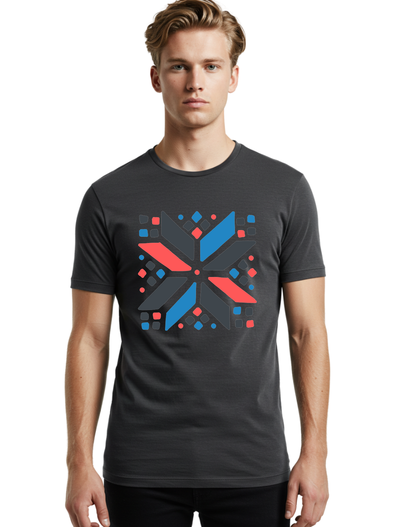 Kaleidoscope-Pattern-1 Men'S Graphic Tee, 100% Cotton, Comfortable Casual Summer Wear, Machine Washable, Symmetrical Shapes, Geometric Pattern, Abstract Design, Colorful Elements, Modern Art, Artistic Expression, Vibrant Colors, Bold Design, Aab757