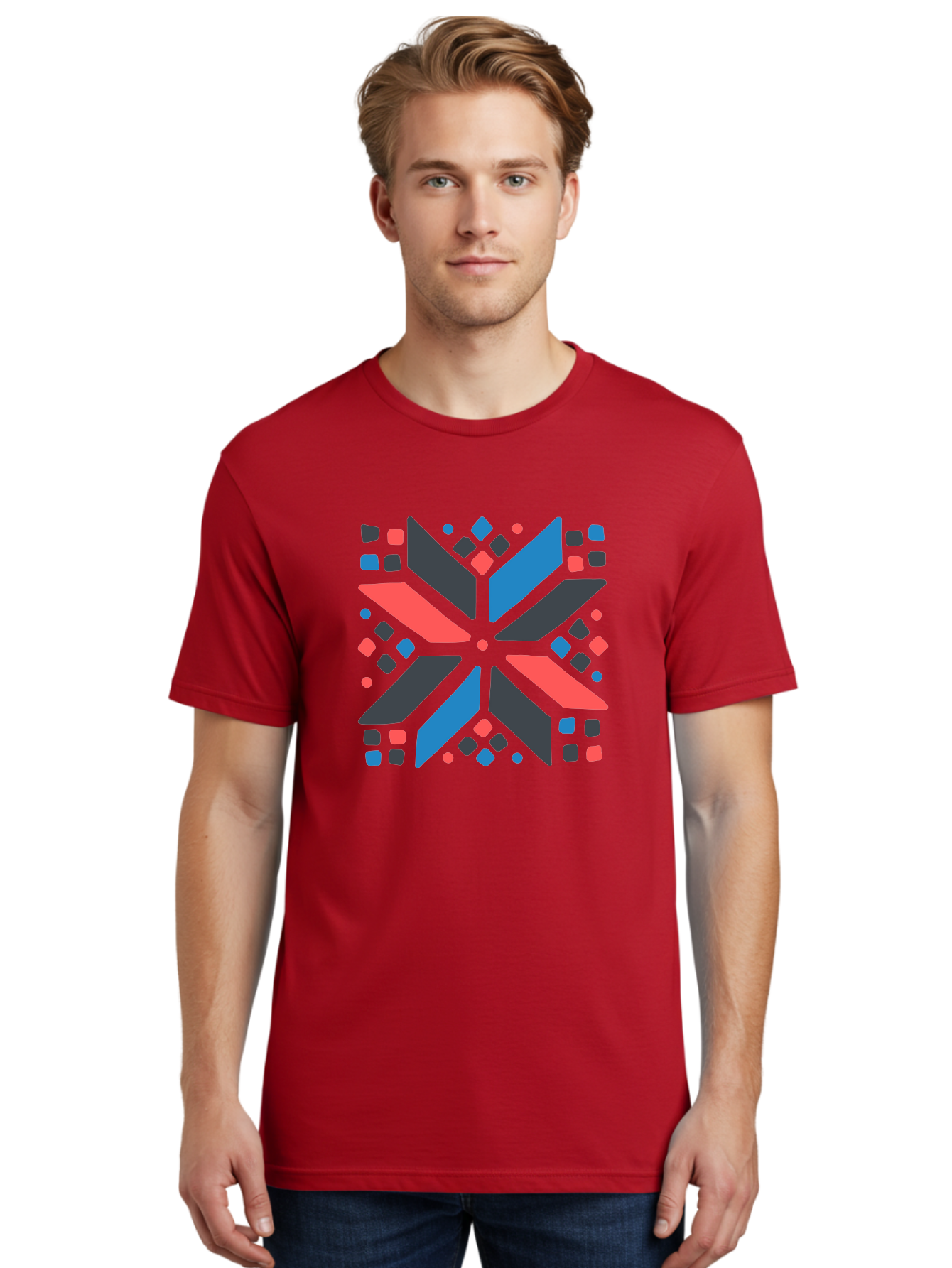 Kaleidoscope-Pattern-1 Men'S Graphic Tee, 100% Cotton, Comfortable Casual Summer Wear, Machine Washable, Symmetrical Shapes, Geometric Pattern, Abstract Design, Colorful Elements, Modern Art, Artistic Expression, Vibrant Colors, Bold Design, Aab757