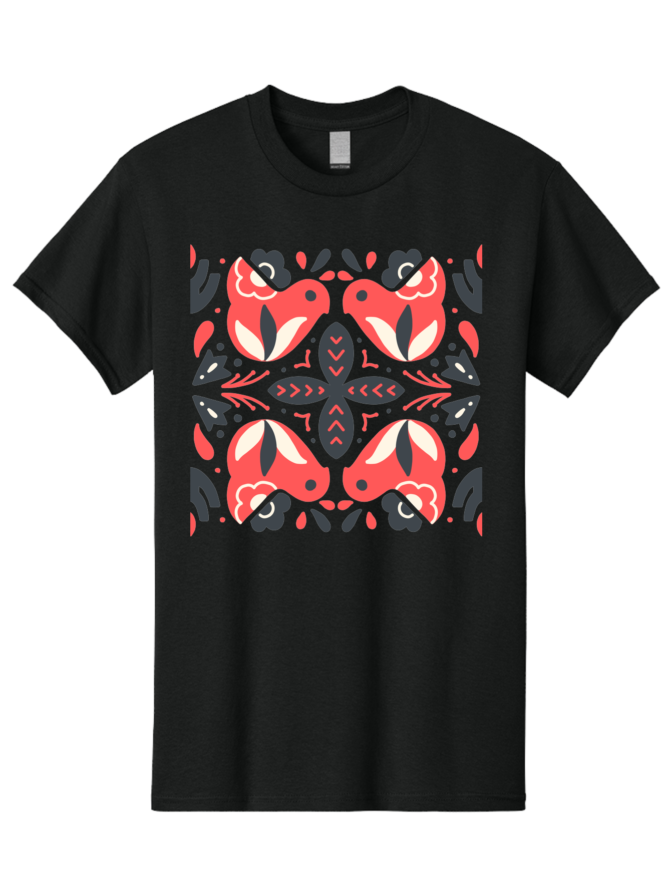 Kaleidoscope-Pattern Men'S Graphic Tee, 100% Cotton, Comfortable Casual Summer Wear, Machine Washable, Symmetrical Pattern, Floral Design, Abstract Shapes, Vibrant Colors, Bold Graphics, Modern Art, Red And White Flowers, Black Accents, Aab758